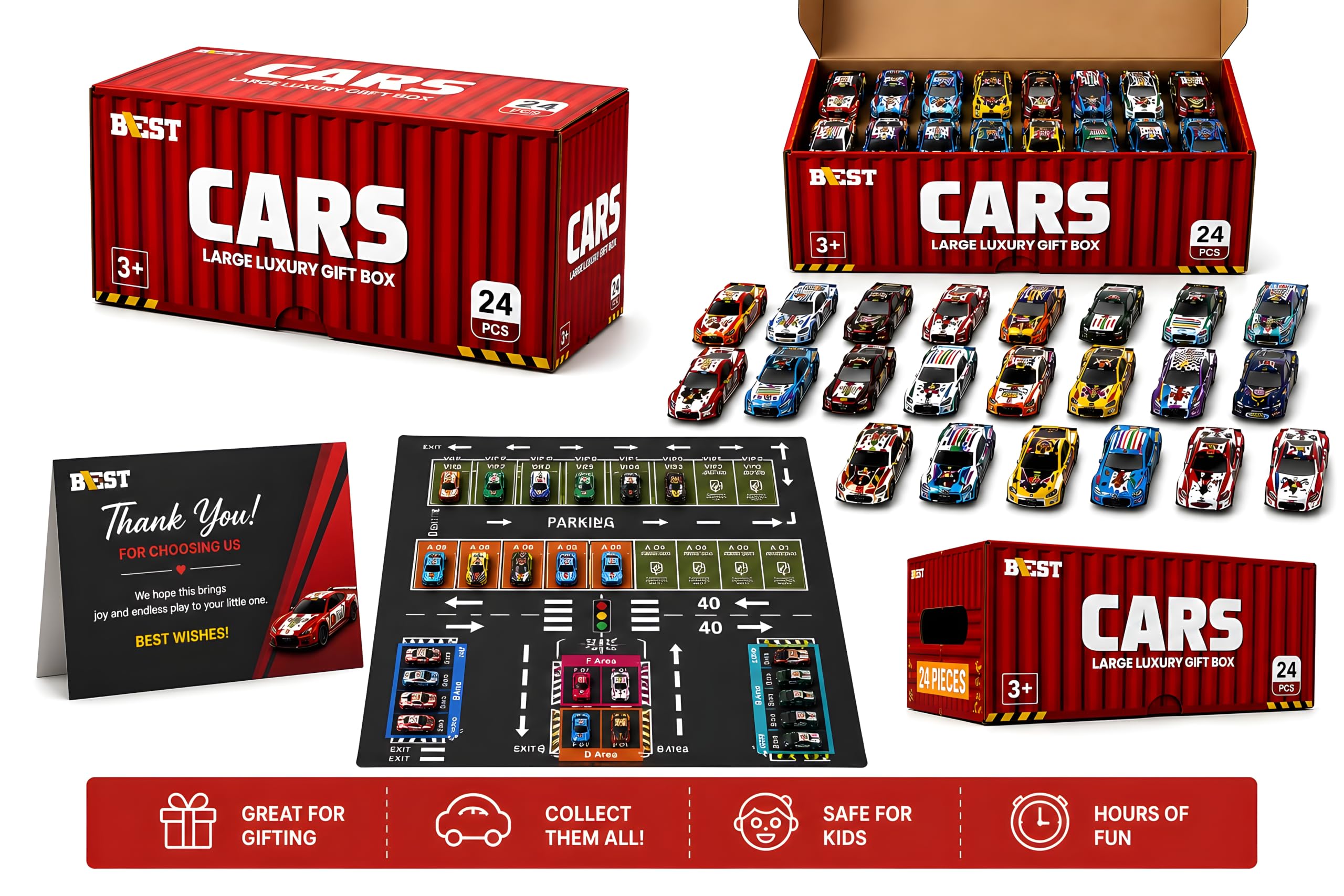Cable World 24 Pcs Die-Cast Metal Toy Cars for Kids with Car Storage Container & Thick Paper Parking Play Board, Pull Back Racing Cars, Large Luxury Gift Box, Toy Car Set for Kids image 2