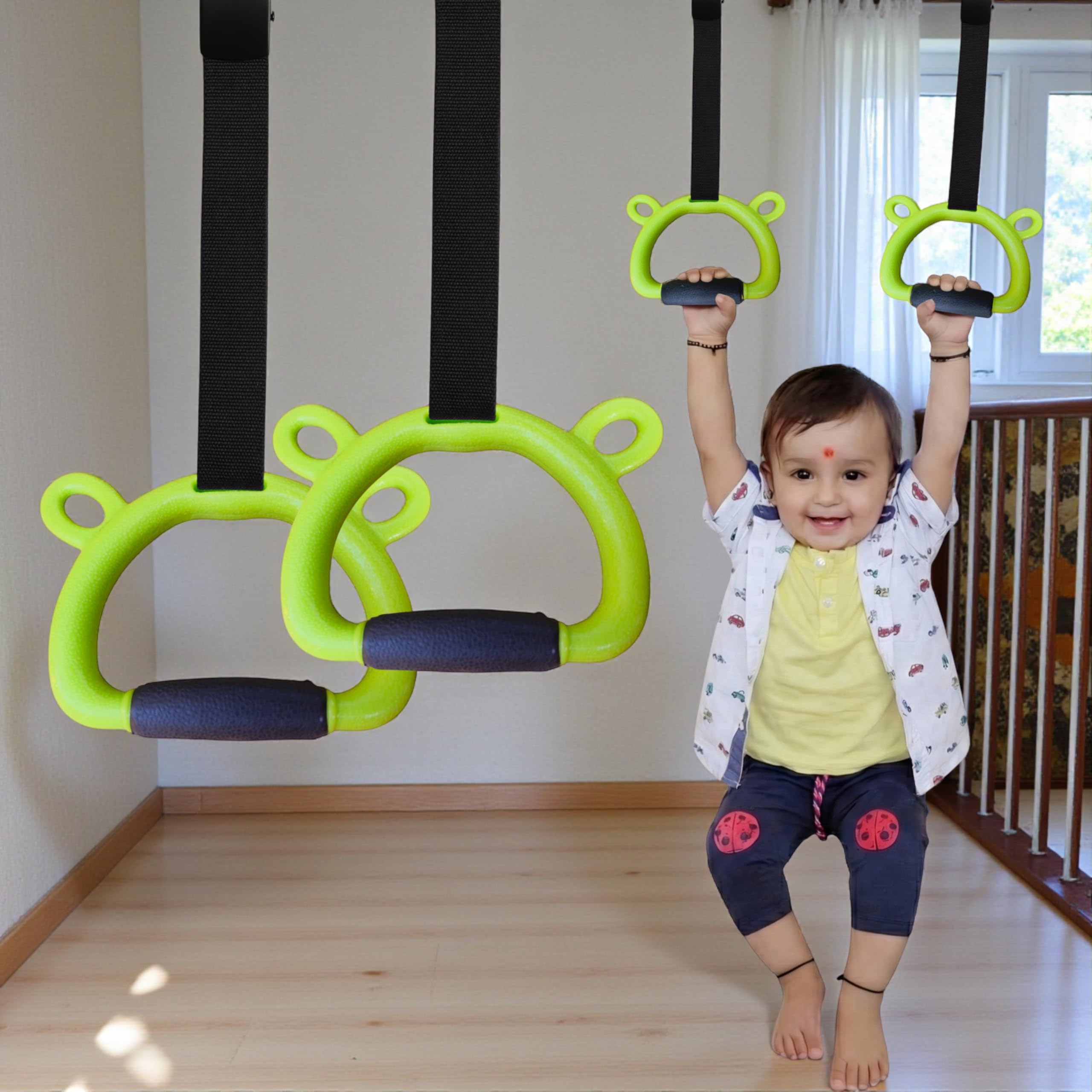 TechHark® Kids Gymnastic Rings with 11.5 Ft Adjustable Straps, Lime Green Bear Design, Up to 200Kg Capacity, Silicone Grip, Home Fitness Equipment for Children and Teens Training