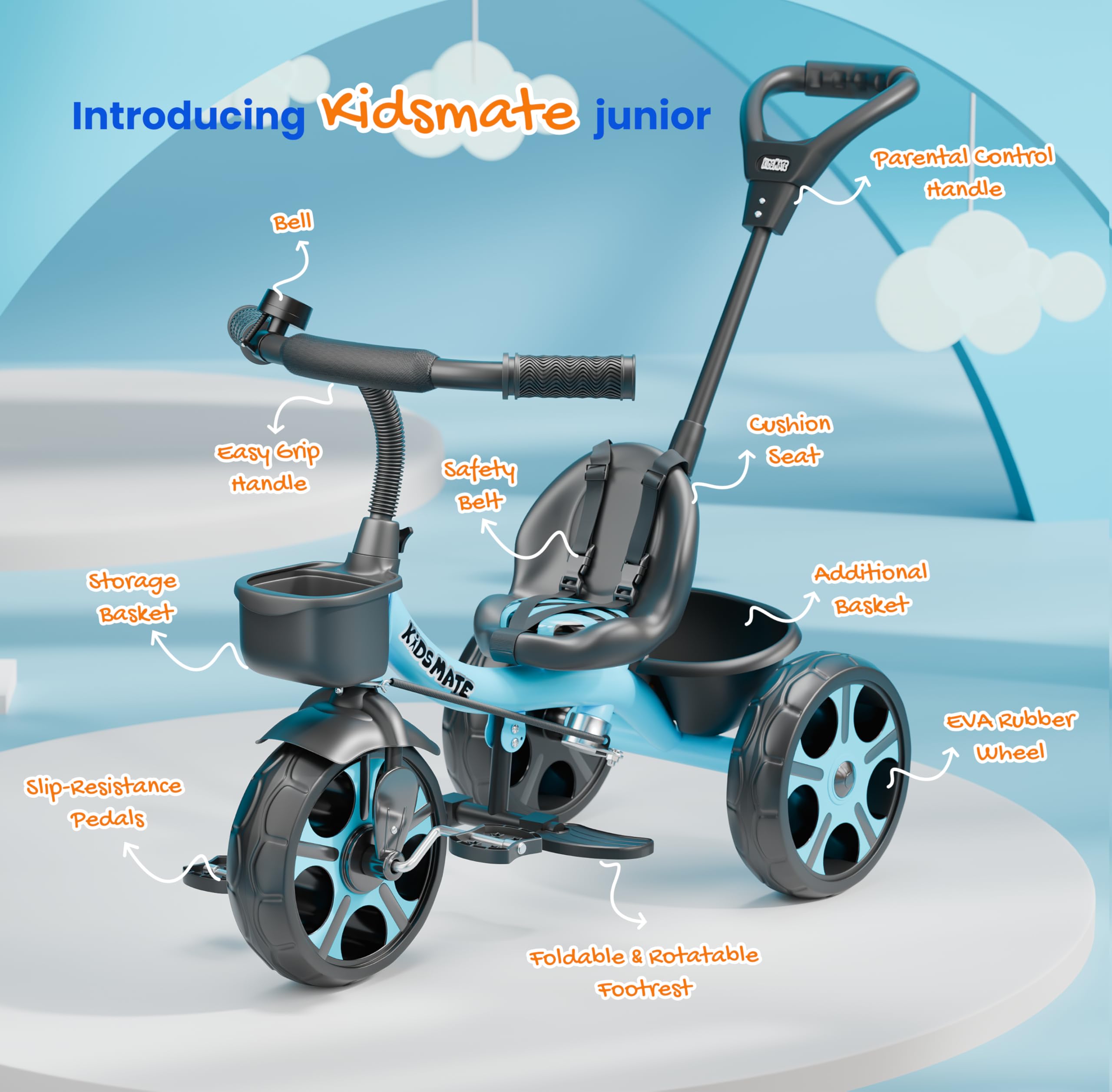 Kidsmate Junior Tricycle for Kids with Parental Control | Cycle for Kids 1-4 Years | Baby Cycle | Bicycle with Storage Basket, Cushion Seat and Seat Belt Carrying Capacity 30 Kgs (Blue) image 4
