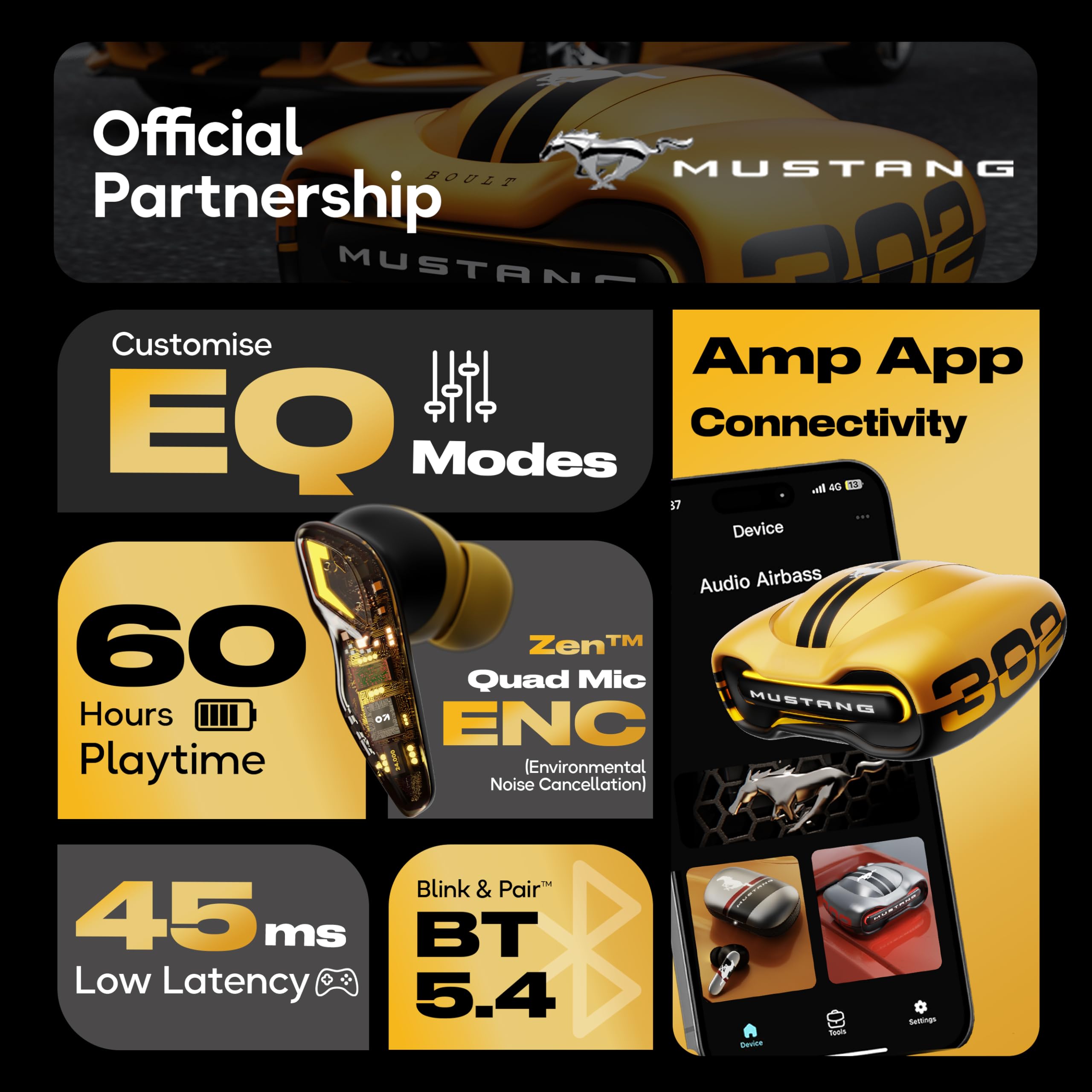 GOBOULT x Mustang Torq Wireless in Ear Earbuds with 60H Playtime, App Support, Quad Mic ENC, 45ms Low Latency, 13mm Driver, Breathing LEDs, Made in India Ear Buds Wireless (Yellow) image 2