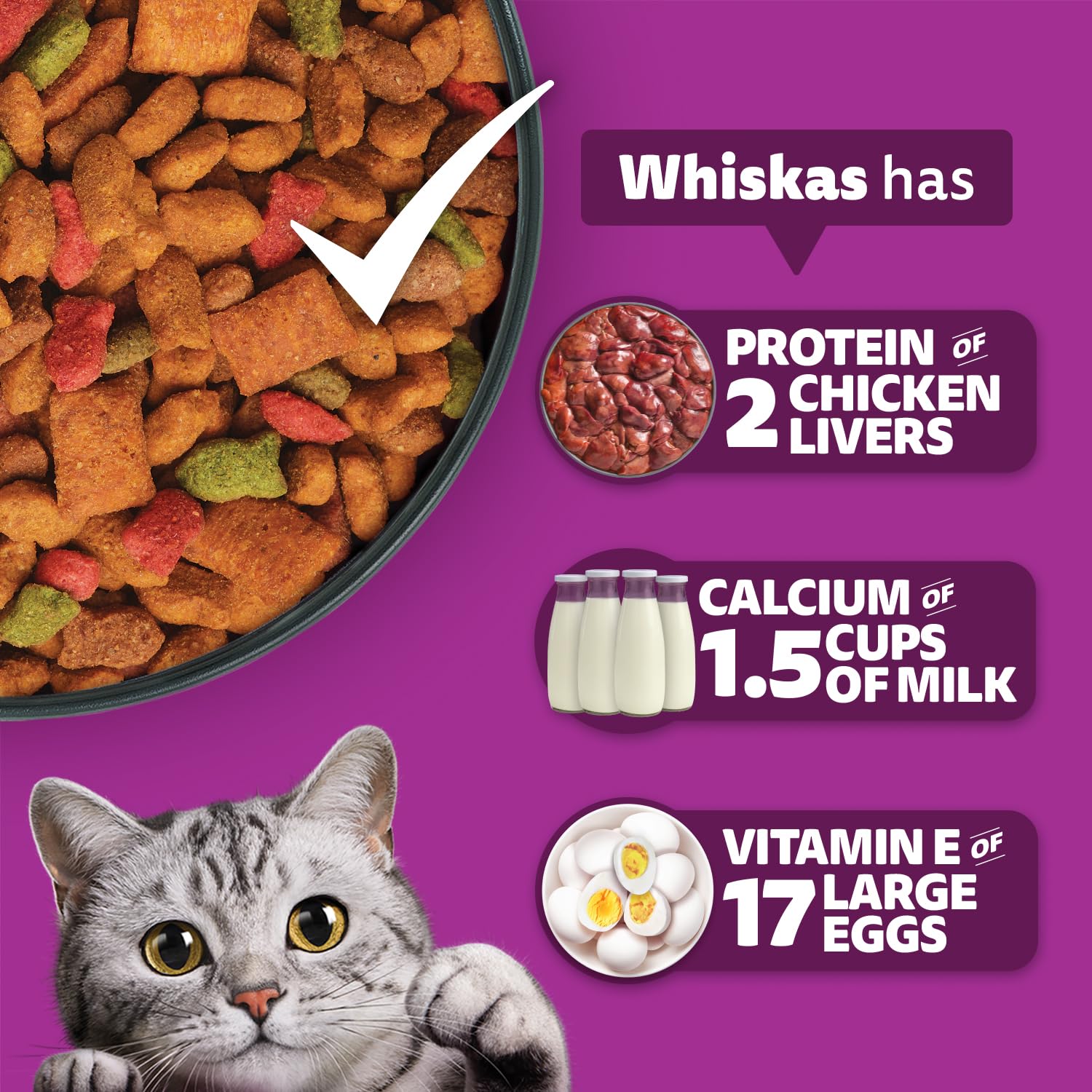 Whiskas Adult (1+ Years) Dry Cat Food, Ocean Fish Flavour, 3 kg, Contains 41 Essential Nutrients, Complete & Balanced Nutrition for Adult Cats image 4