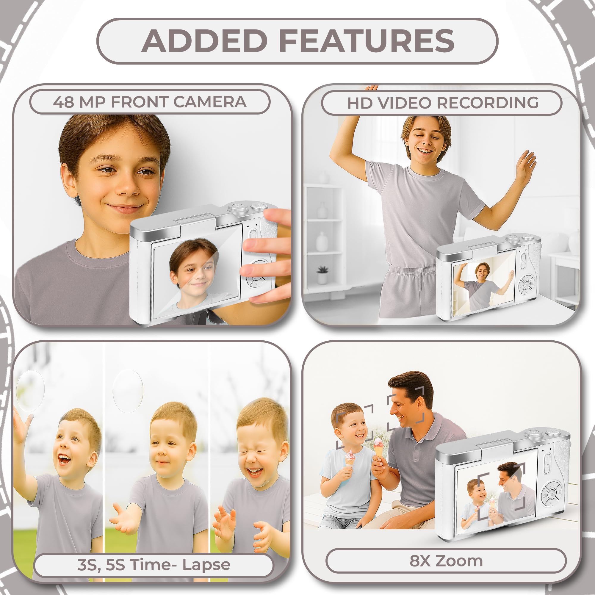 Cason 48MP Digital Camera for Kids & Adults -Real Photo & Video Mini Camera for Photography 2.4” Rotating Screen, Built in Games Kids Cameras for 5-15 Years Girls & Boys with 8 GB Sd Card -(White) image 2