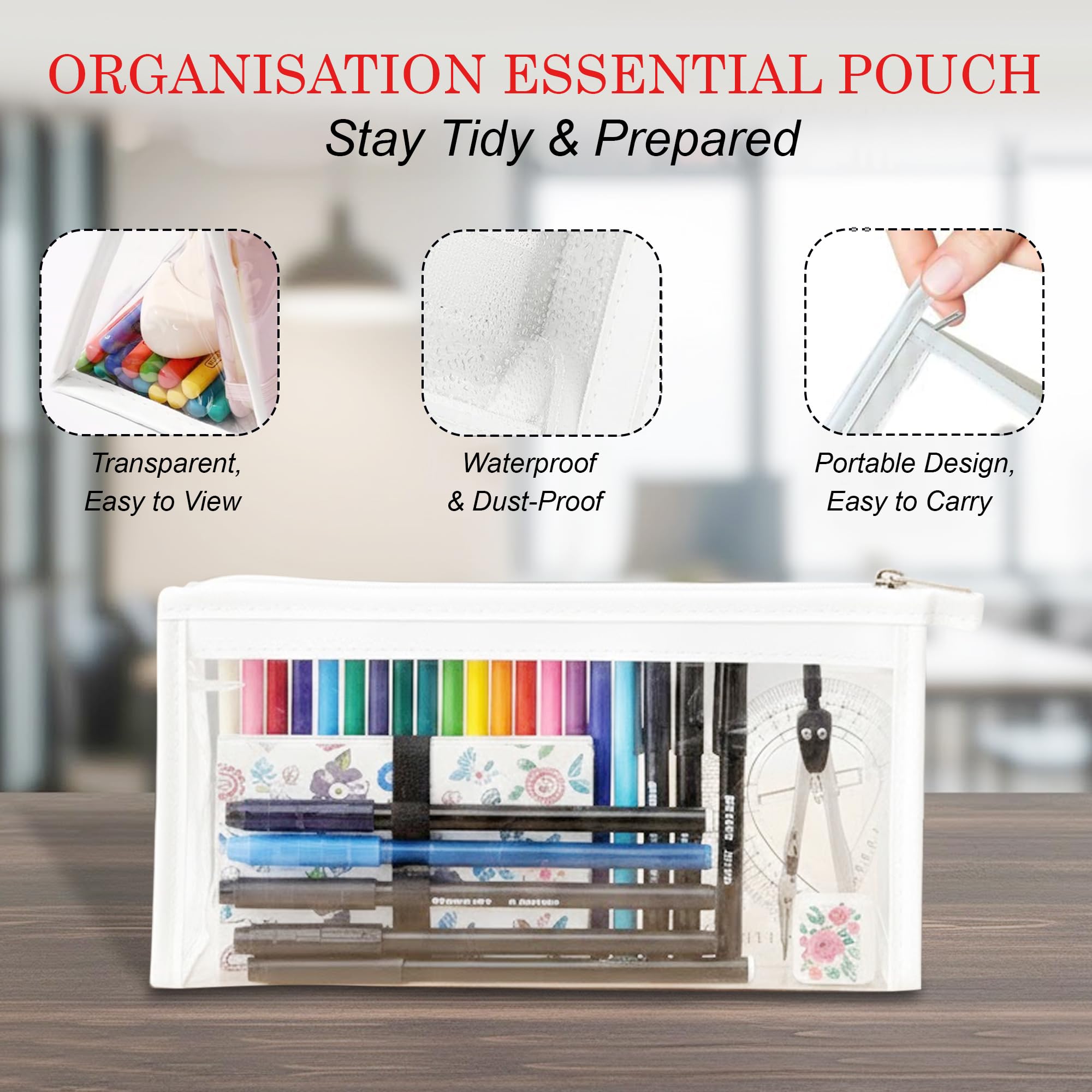 GLUN ® Stationary Transparent Pouch with Zipper Closing for Girls & Boys,Pouch for School,Collage,Office,Cosmetic Use Bag for Women,Multi-Purpose Bag,White image 2