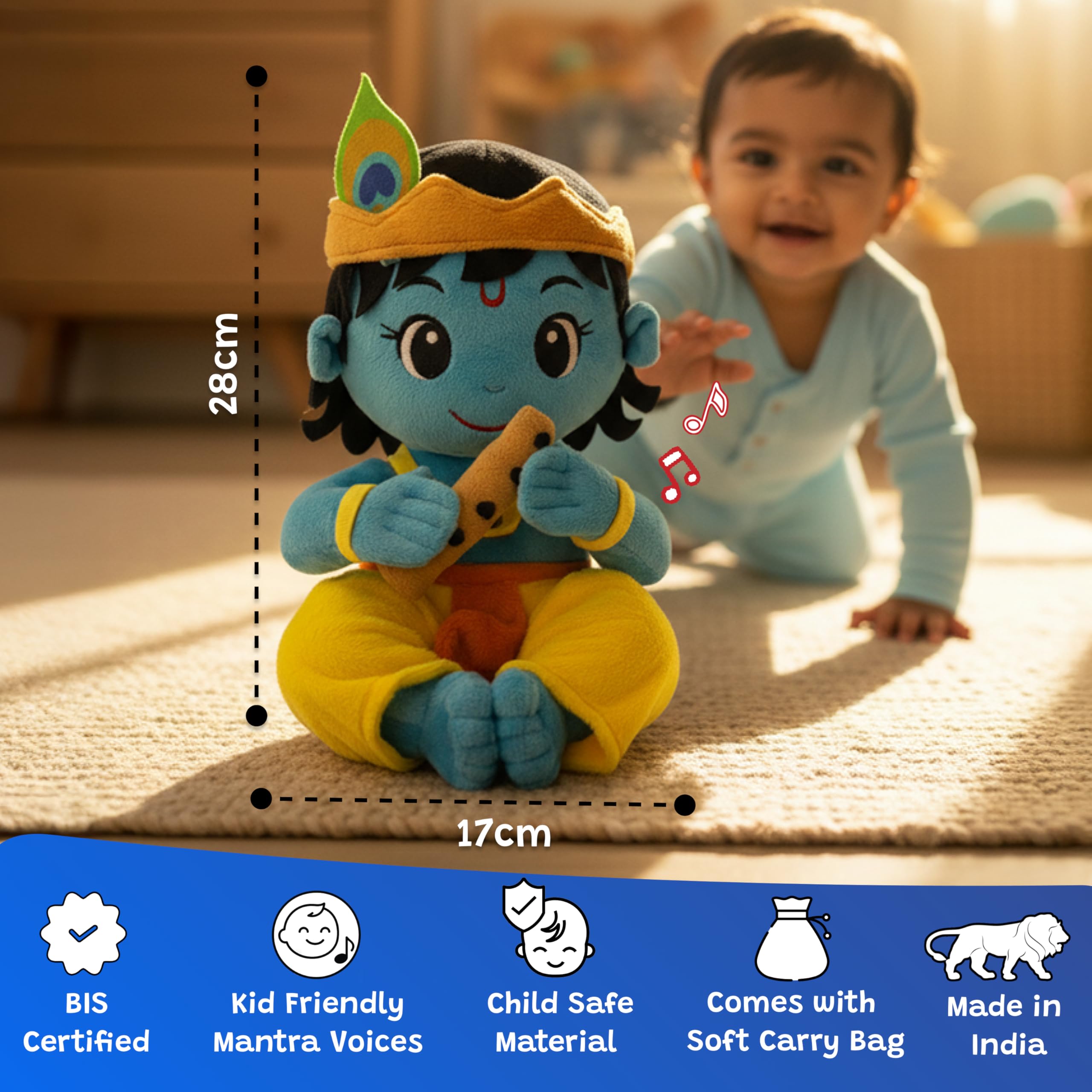 WonderBuddy Divine Mantra Chanting Baby Krishna with 8 Preloaded Mantras & Aartis, Musical Soft Plush Toy, Best Birthday Gift for Infants, Toddlers & Kids (Medium - 28 Cm) image 4