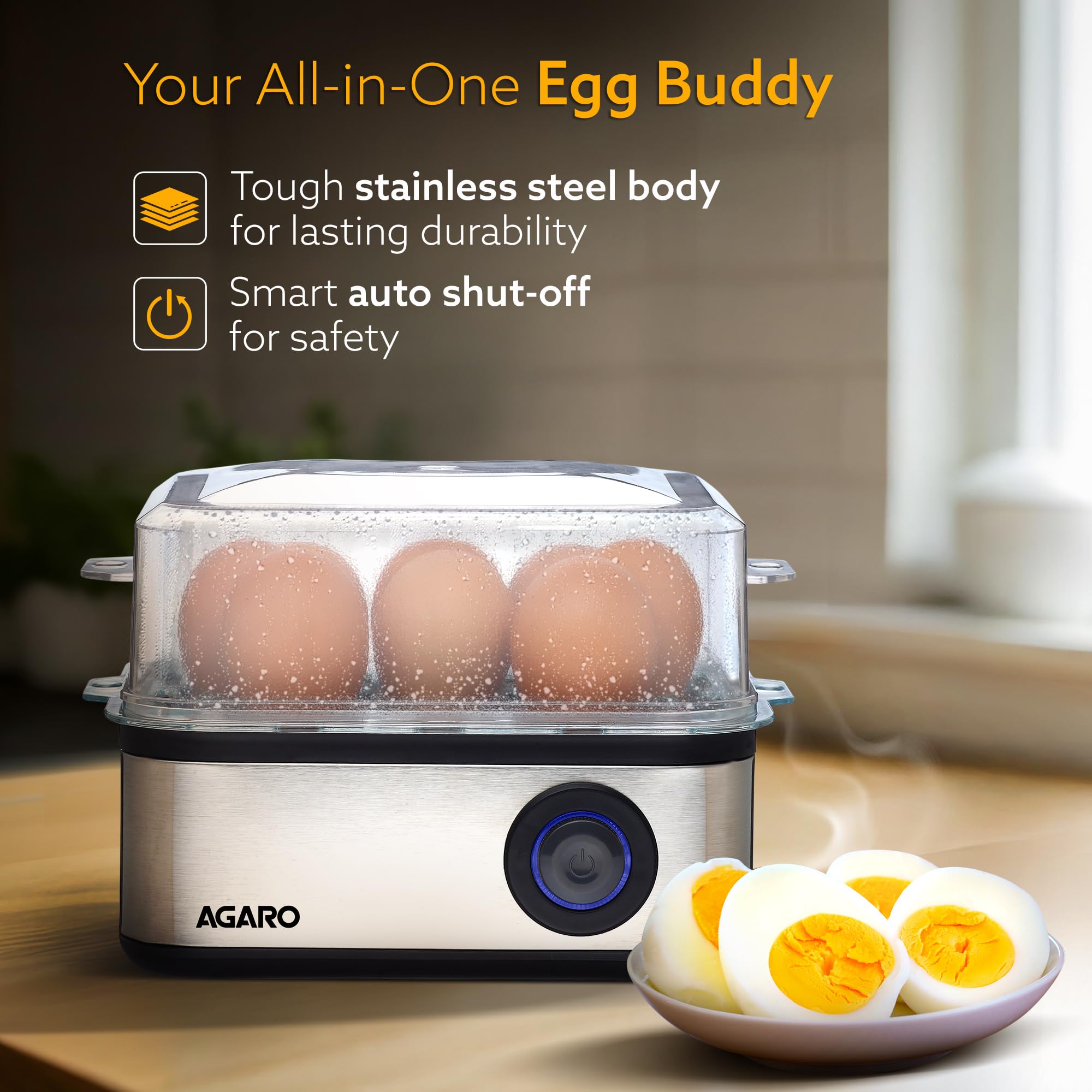 AGARO Grand Egg Boiler And Poacher, 2-in1 Boils 8 Eggs, Poach 4 Eggs, Steamed Vegetables, 3 Boiling Types, Stainless Steel Body, Transparent Lid, 500W, Silver image 2