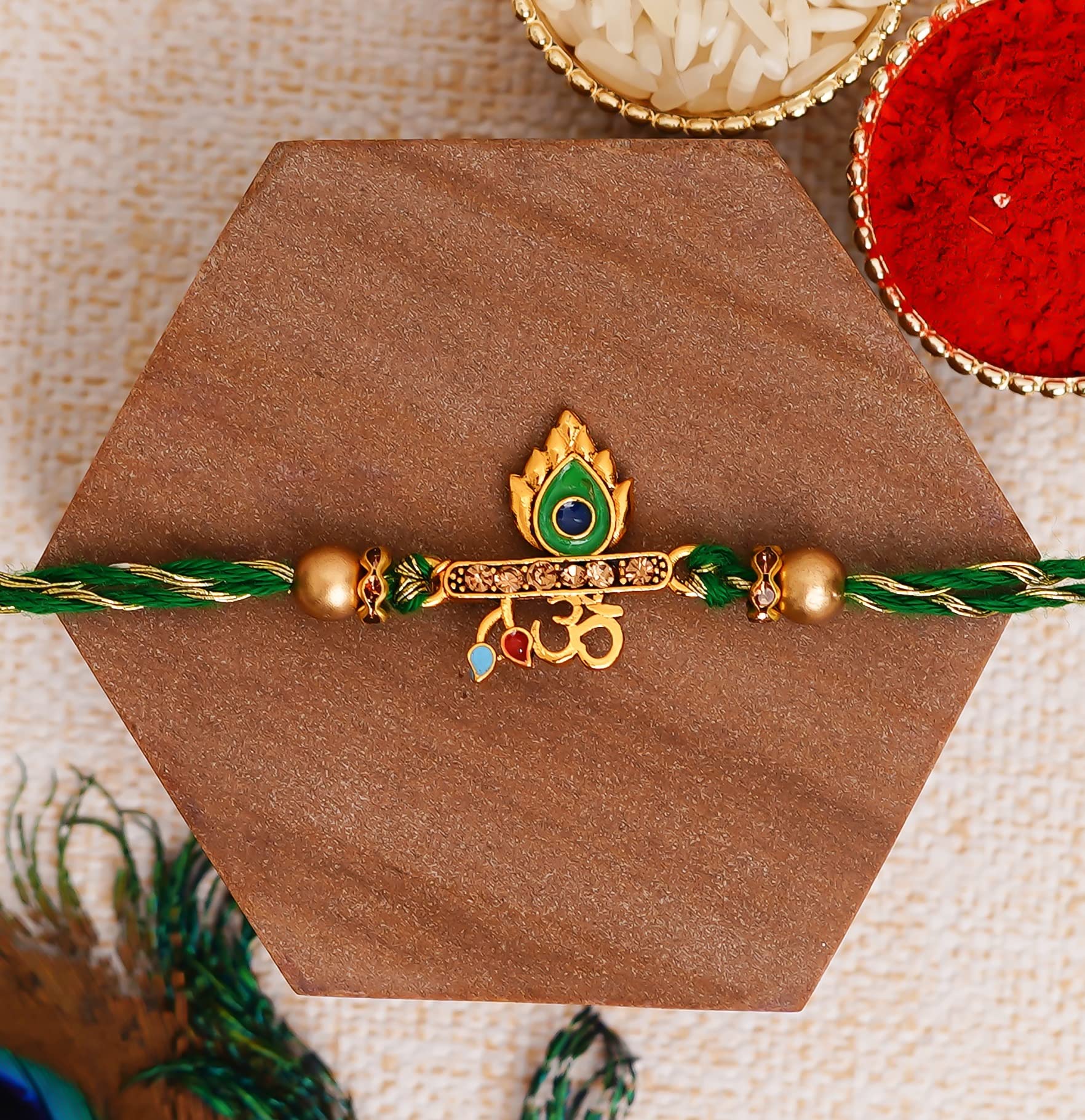 eCraftIndia Green & Golden Om & Peacock Feather Religious Designer Rakhi with Roli Chawal Pack and Best Bro Ever Fridge Magnet - Rakhi for Brother, Bhaiya, Bhai image 2