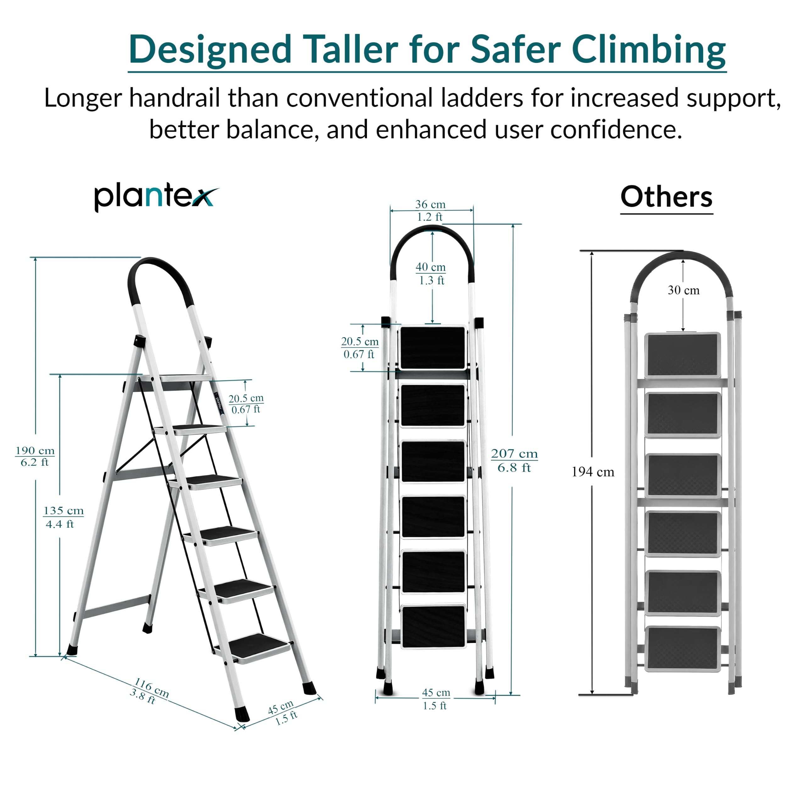 Plantex Ladder for Home 6 Steps/Foldable Ladder with Anti-Skid Wide Steps (30L x 20W cm)/Strong D-Shape Pipe with X-Support for More Stability/5 Year Warranty(Apex-White) image 2