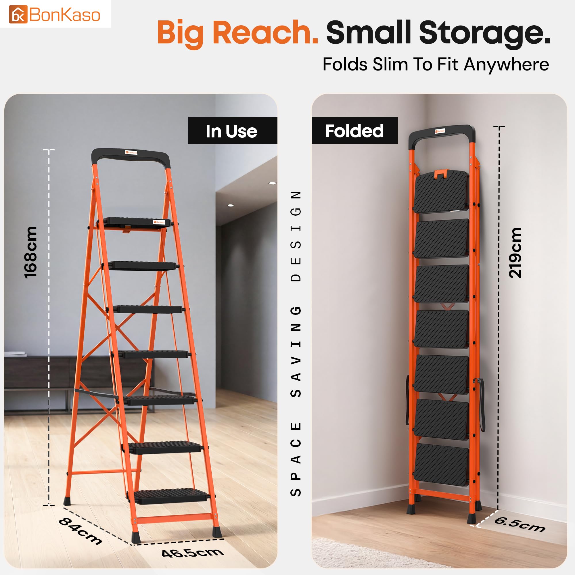 BonKaso Climb Easy 7 Step Foldable Steel Kitchen Ladder for Indoor & Outdoor use with Safety Clutch Lock, Anti-Slip Wide Durable Plastic Steps, Support Handle & Tool Tray (Orange & Black) image 3