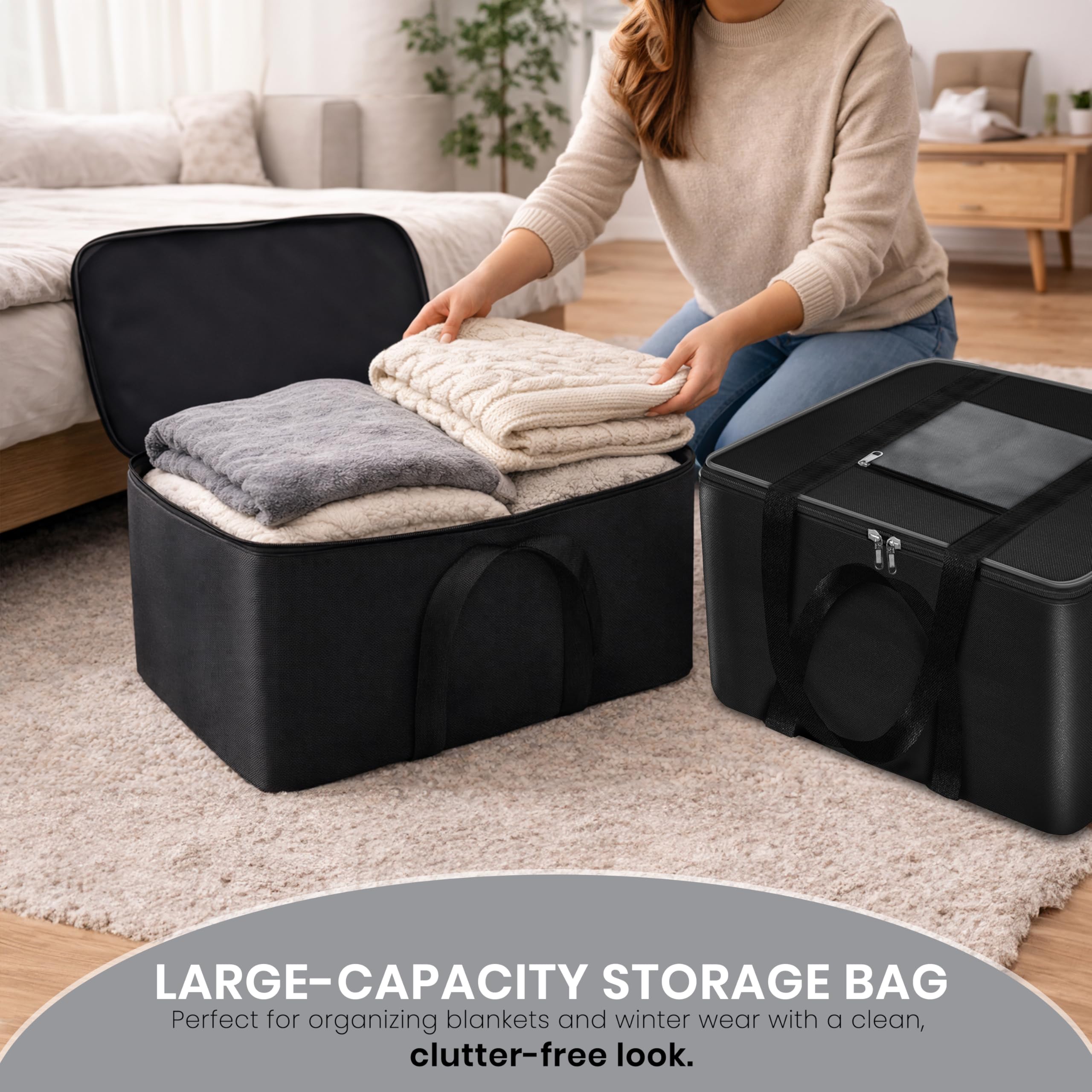 Storite Moisture Proof Nylon Large Size Foldable Underbed Storage Bag For Clothes, Blankets (54 x 46 x 28 cm) - Black, Rectangular image 3