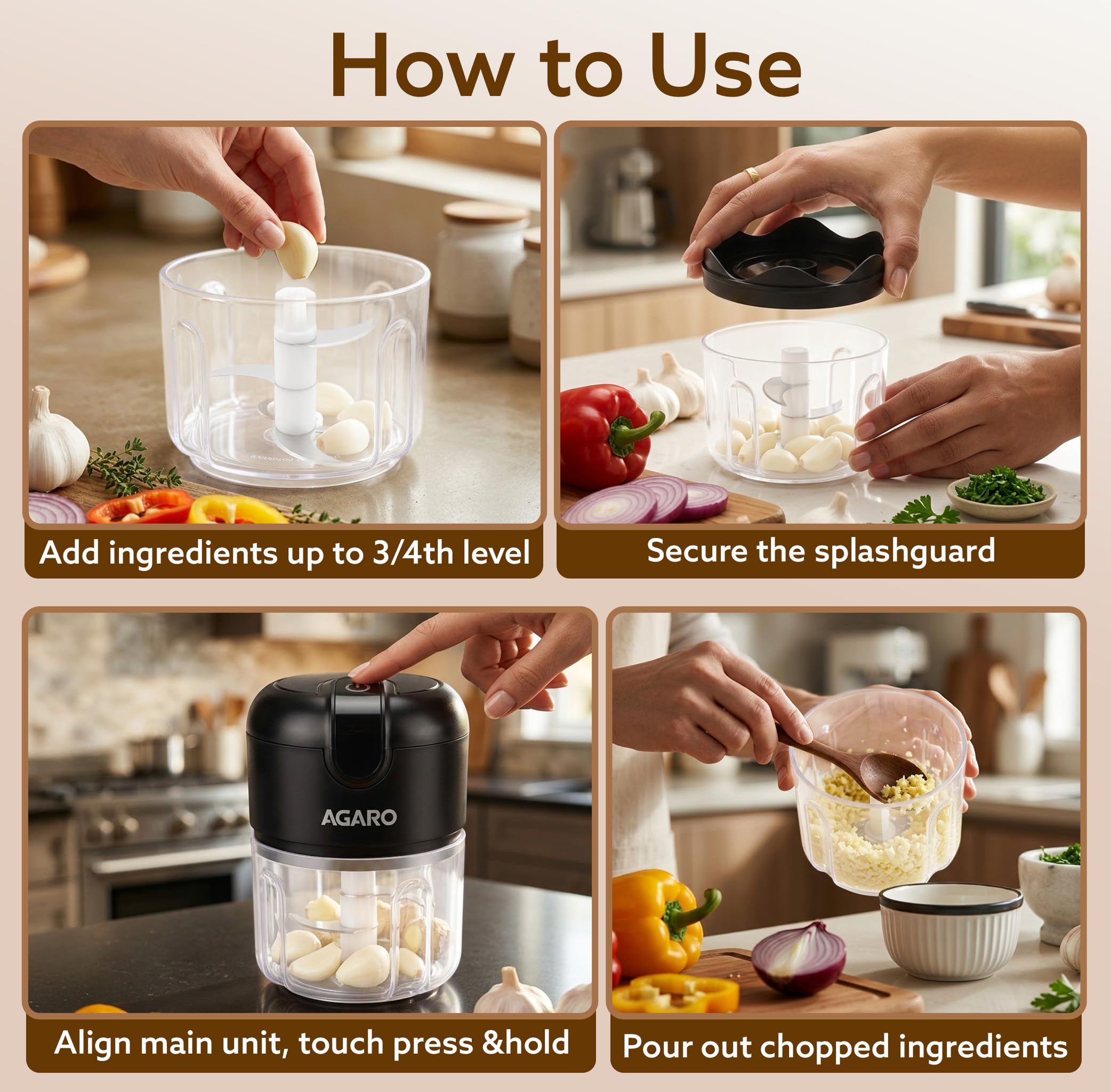 AGARO Elite Rechargeable Mini Electric Chopper, Food Grade Bowl, Stainless Steel Blades, Rechargeable, One Touch Operation, for Chopping Garlic, Ginger, Onion, Vegetable, Nuts, 250 Ml, Black image 5