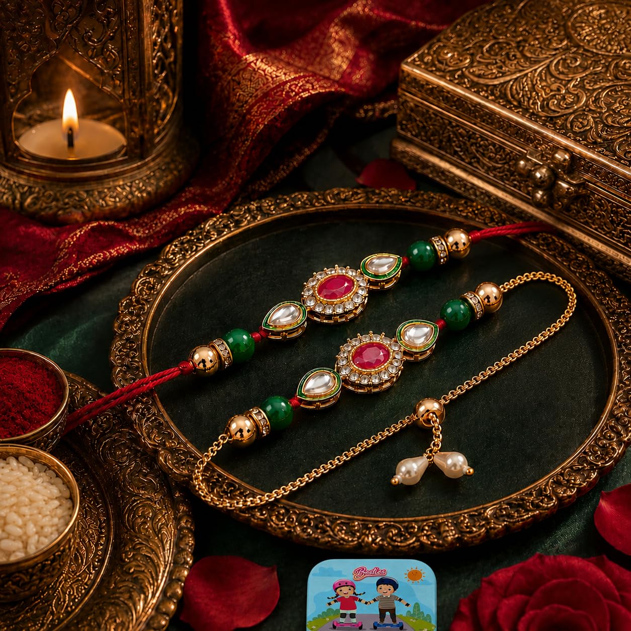 CraftVatika Rakhi Set for Brother and Bhabhi, Lumba Floral Rakhi Kundan Bracelet Rakhis for Bhaiya Bhabhi Rakhis for Rakshabandhan Couple Pearl Set of 2 with Fridge Magnet Gift