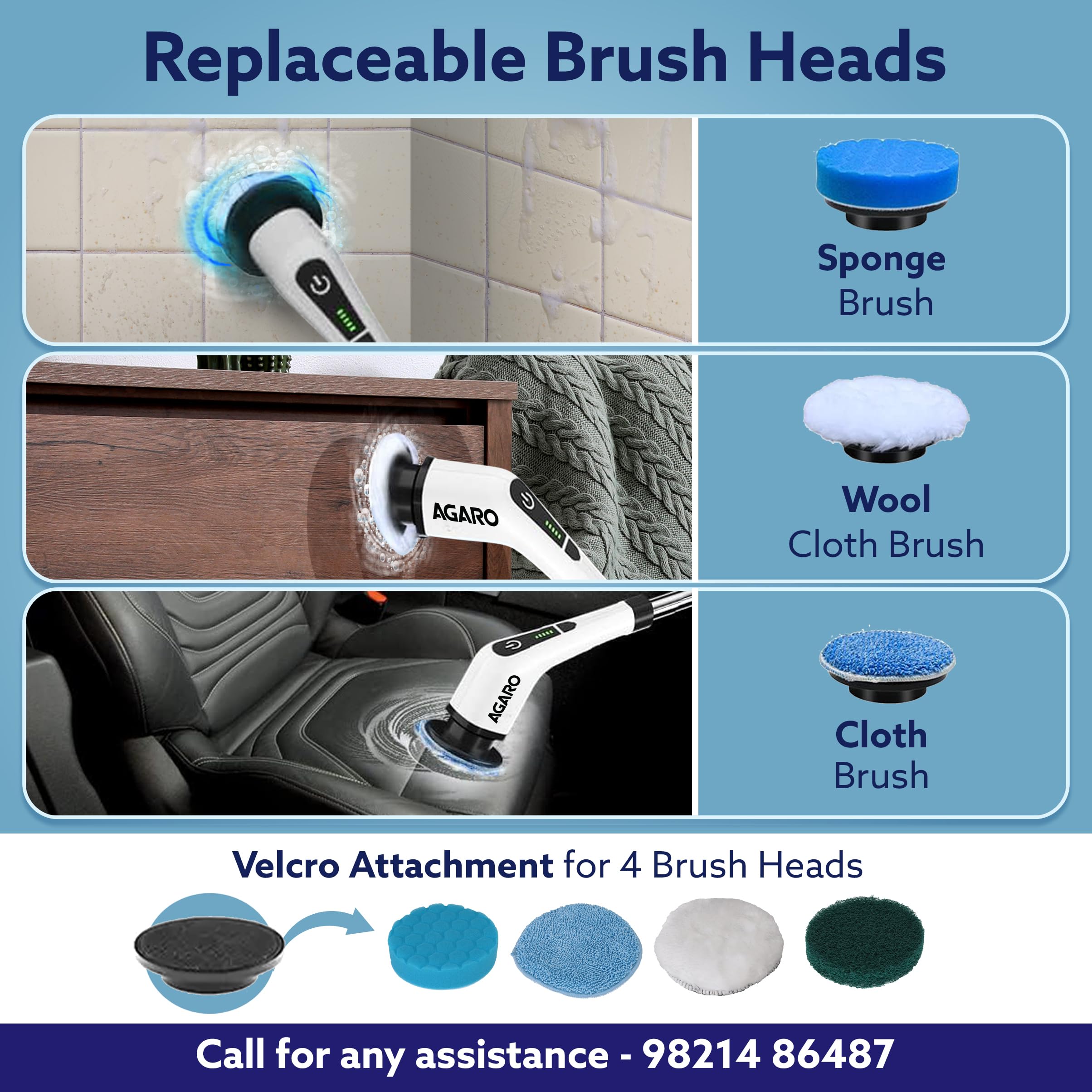 AGARO Royal Electric Spin Scrubber, Cleaning Brush Scrubber for Home, 400RPM/Min, 8 Replaceable Brush Heads, 90 Min Work Time, 3 Adjustable Size, 2 Adjustable Speeds, for Bathroom, Floor Tiles, White image 4