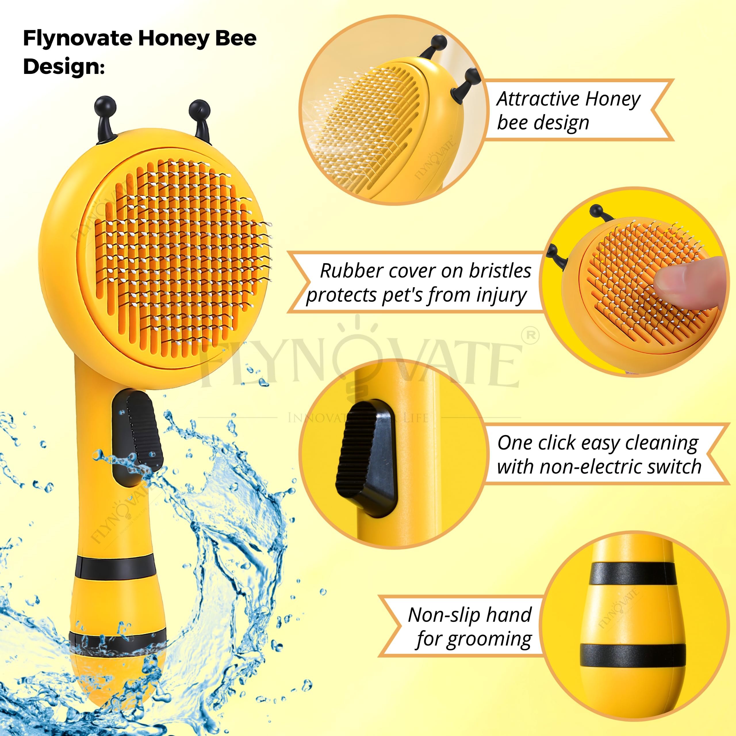 Flynovate Honey Bee Dog Comb & Cat Comb - Pet Hair Remover Grooming Brush with Switch & PAIN - FREE Slickers | Dog Brush/Cat Brush for all Dogs & Cats to Gently Massage the Pets for Long & Short Fur image 4