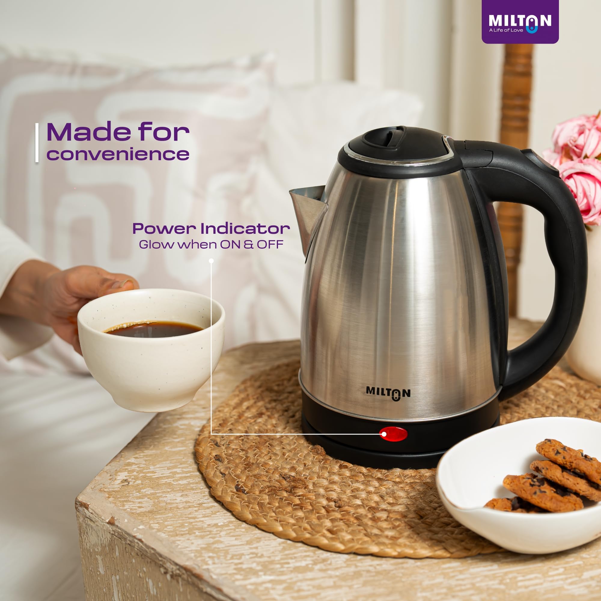 Milton Rapid Electric Kettle 1.8L | 1500 Watts | Stainless Steel Hot Water portable Electric Kettle for Home, Office | Auto Shut-Off with Wide Mouth | Cool-touch Handle and Single-Touch Lid Lock image 3