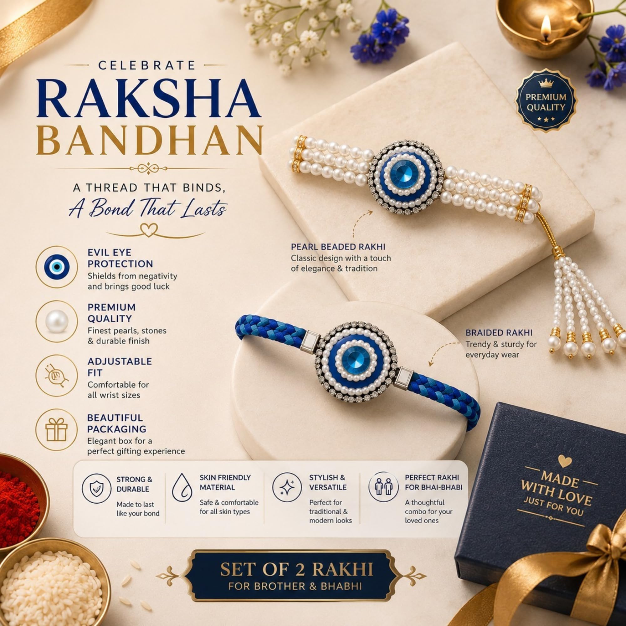 Bhaiya Bhabhi Rakhi Set with Pearl Bracelet | Designer Rakhi for Brother & Bhabhi | Traditional Raksha Bandhan image 2