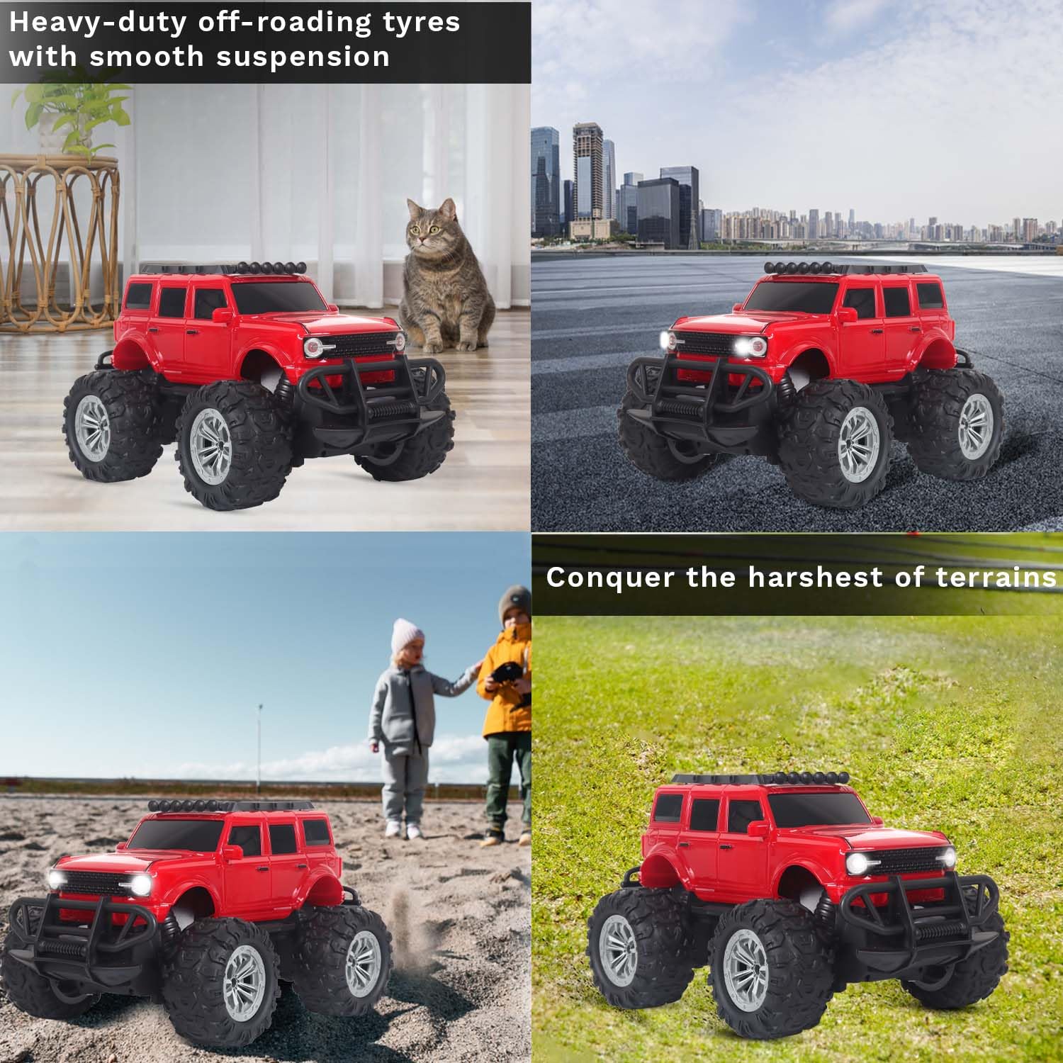popsugar Off Roader Rechargeable Remote Control Car | RC Car Monster Truck | 4 Headlight Modes | Lithium Battery | C-Type Charging | 2.4GHz Remote Controller | Made in India, Red image 5