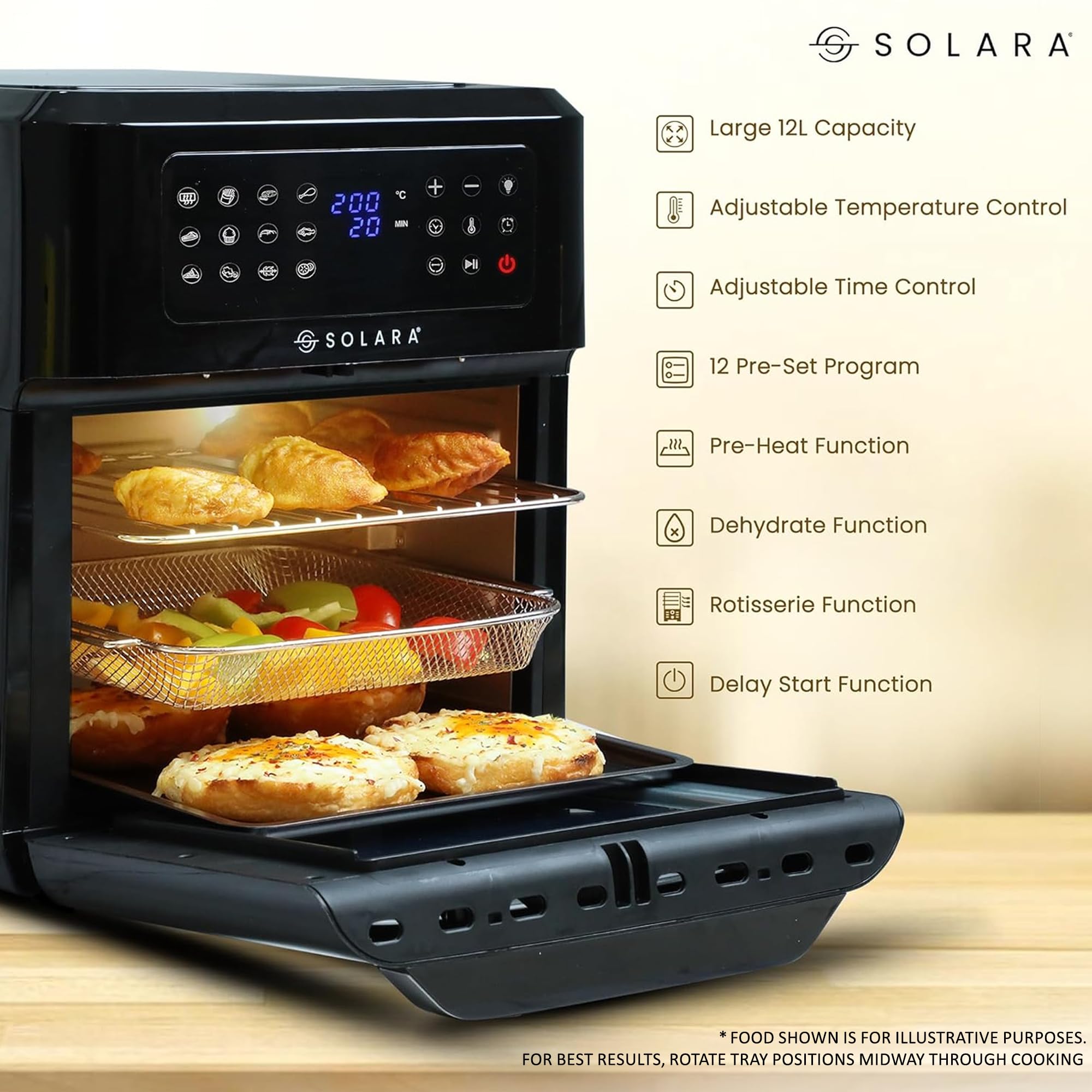 SOLARA 12L Air Fryer Oven for Home Kitchen, 1800W OTG Air Fryer Oven 12 Litre with 12 Presets, 9 Accessories, Grill, Roast, Bake, Reheat, AirFryer OTG, XX-Large, Recipe E-book, 1 Year Warranty, Black image 2