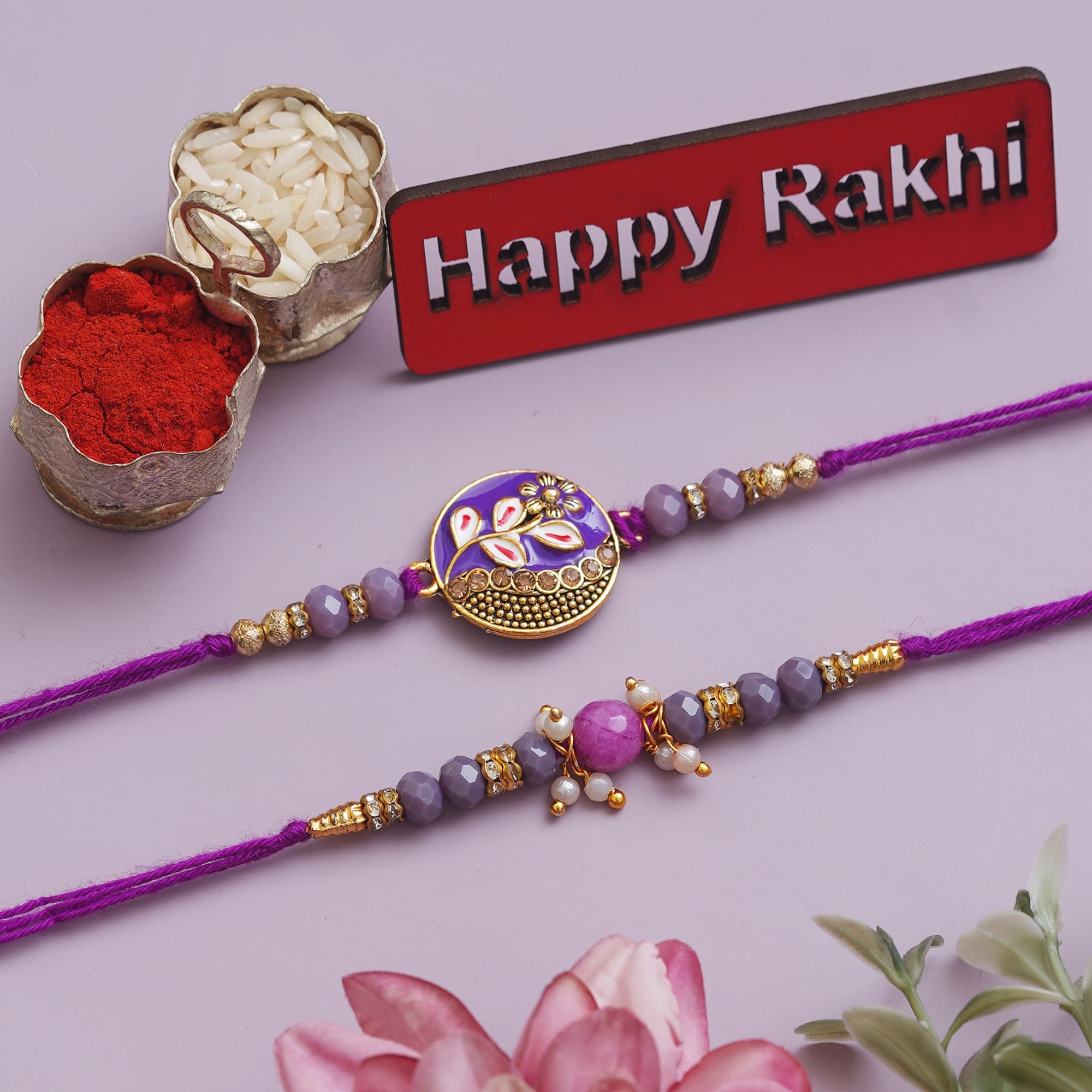 eCraftIndia Set of 2 Purple Floral & Pearl Designer Rakhis with Roli Chawal Pack and Best Bro Ever Fridge Magnet image 3