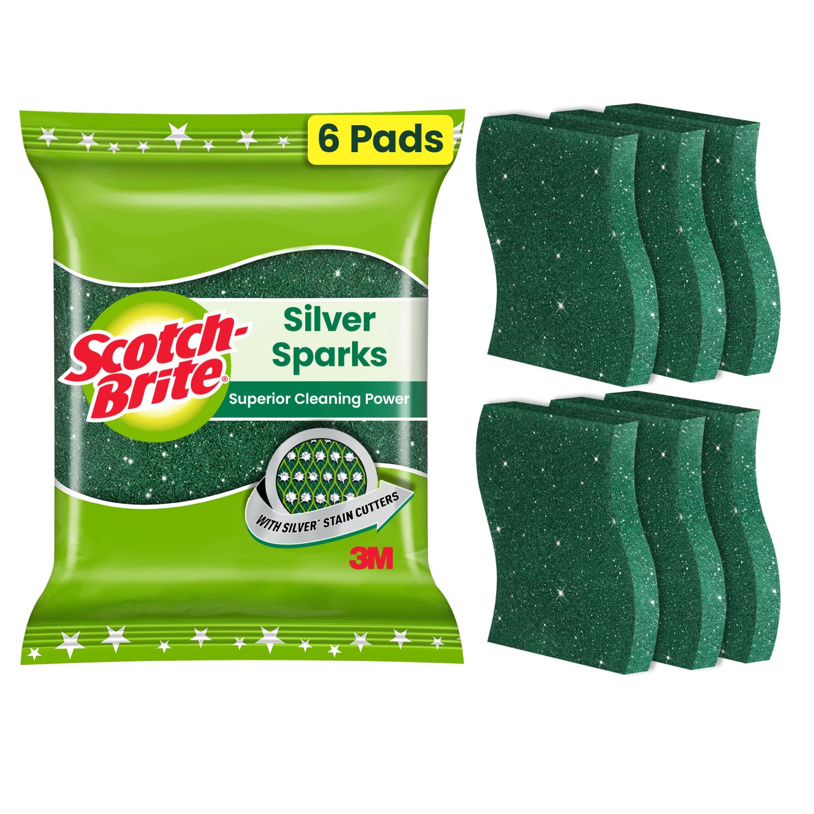 Scotch-Brite Silver Sparks Scrubber for Utensil Cleaning (Everyday Dishwashing)- Pack 6