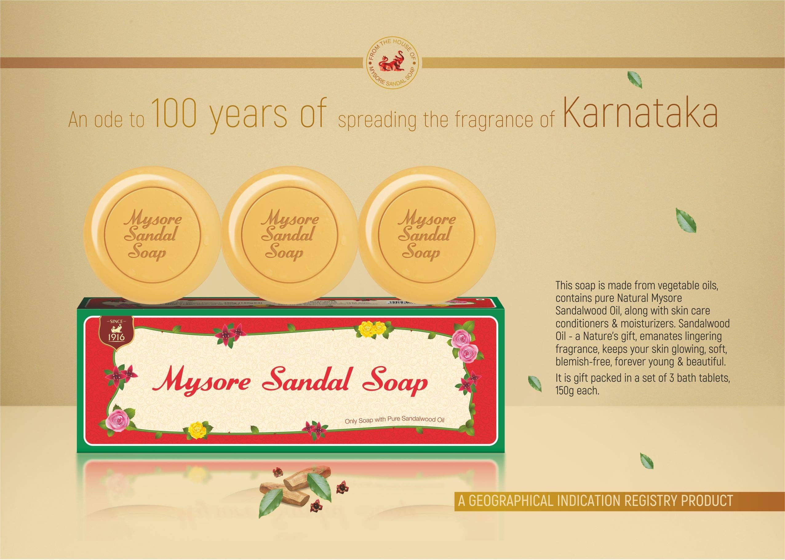 Mysore Sandal Original Bathing Soap 450g (150g x Pack of 3) | Sandalwood | Natural Moisturising Bath Soap image 2