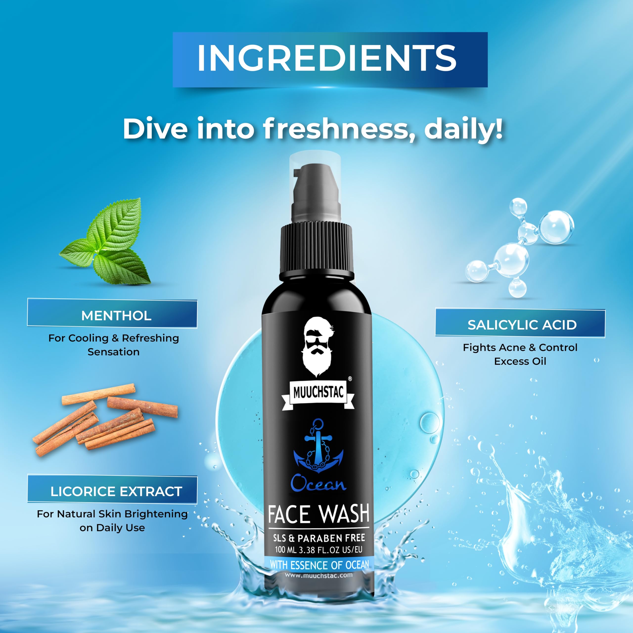 Muuchstac Ocean Face Wash for Men | Fight Acne & Pimples, Brighten Skin, Clears Dirt, Oil Control, Refreshing Feel - Multi-Action Formula (3x100 ml) image 5