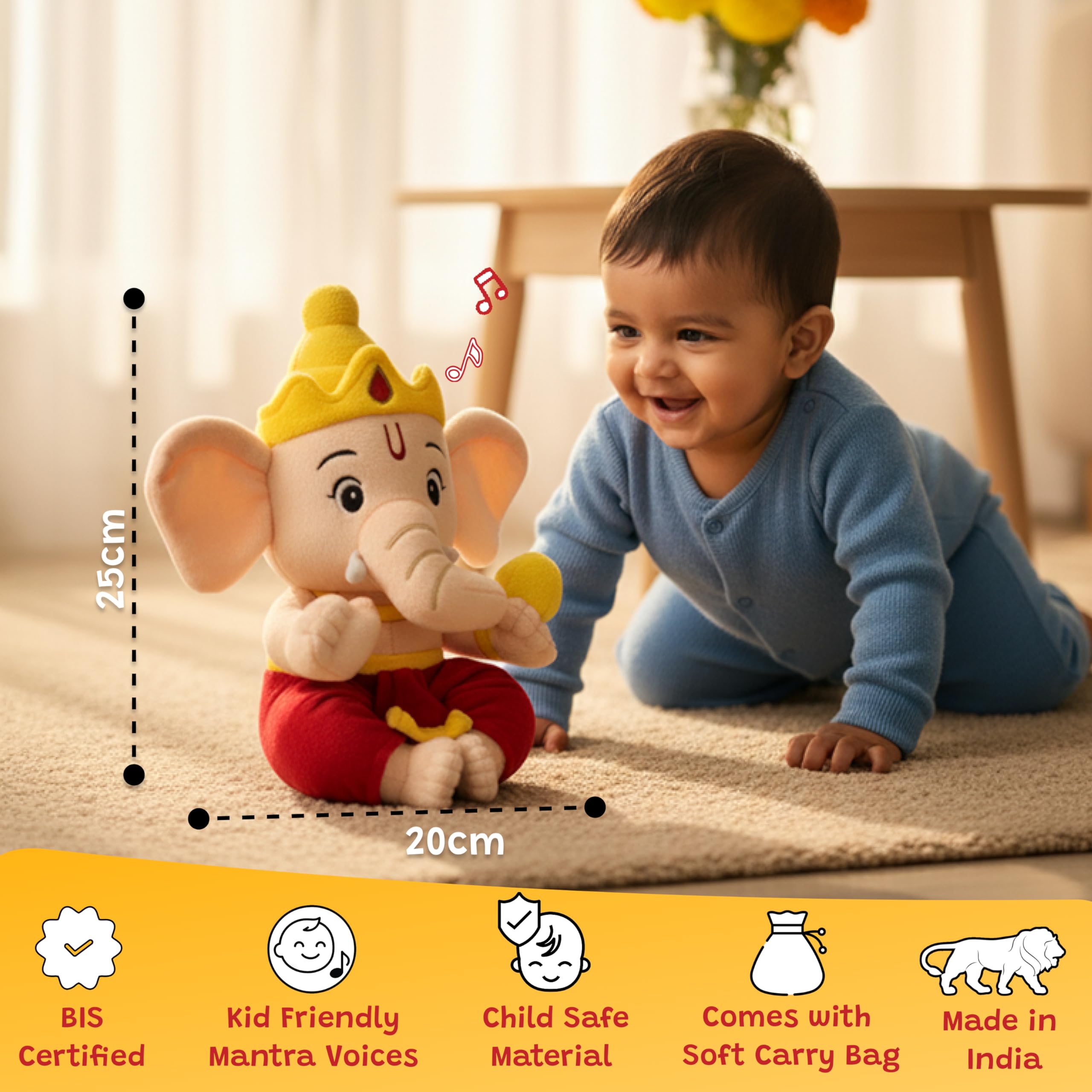 WonderBuddy Divine Mantra Chanting Baby Ganesha with 10 Preloaded Mantras & Aartis, Musical Soft Plush Toy, Best Gift for Infants, Toddlers & Kids (Medium - 25 Cm) image 4