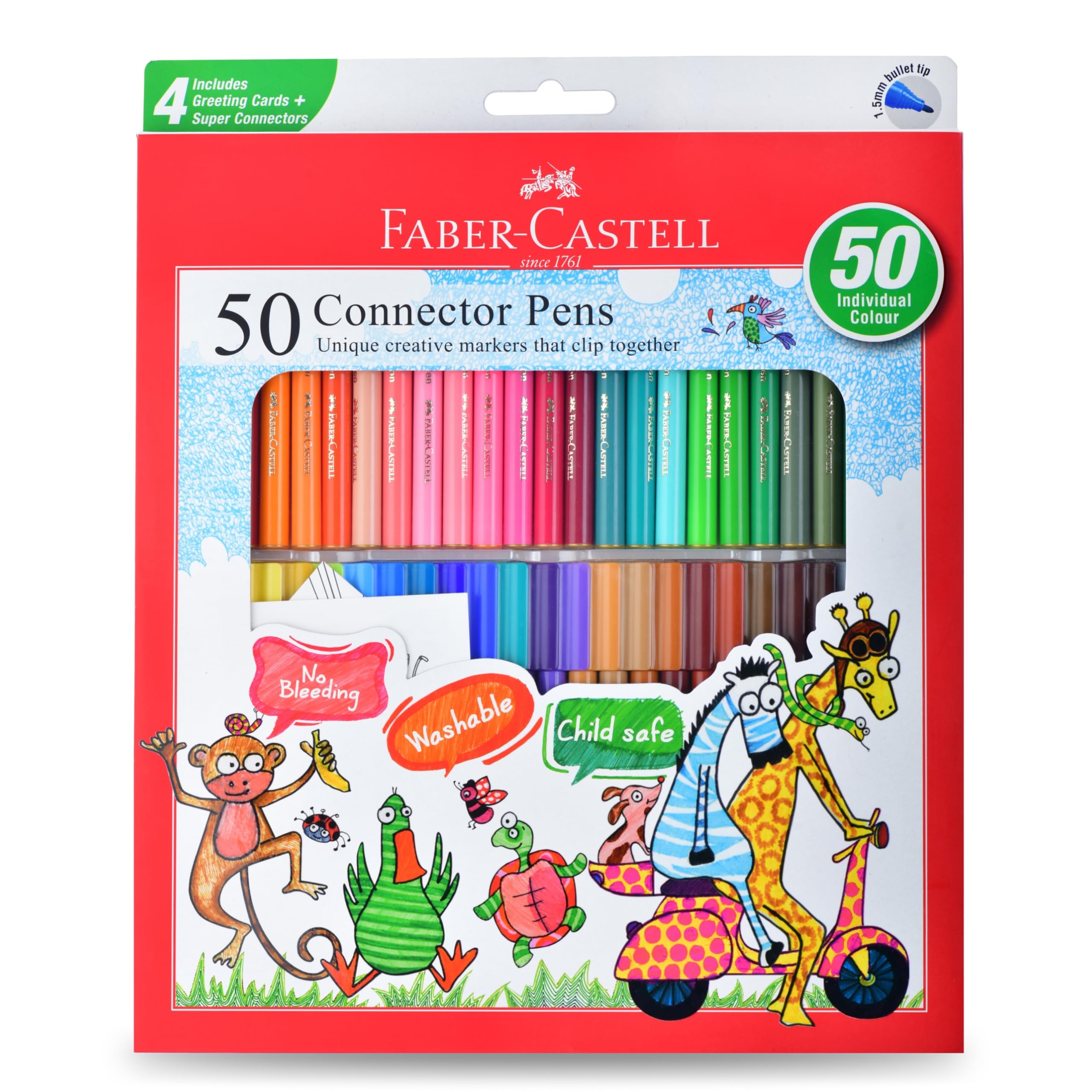 Faber-Castell Connector Pen Set – Pack of 50 | Bright, Washable Colours with Smooth Ink Flow | Snap-On Connector Caps for Creative Play | Non-Toxic & Child-Safe Sketch Pens