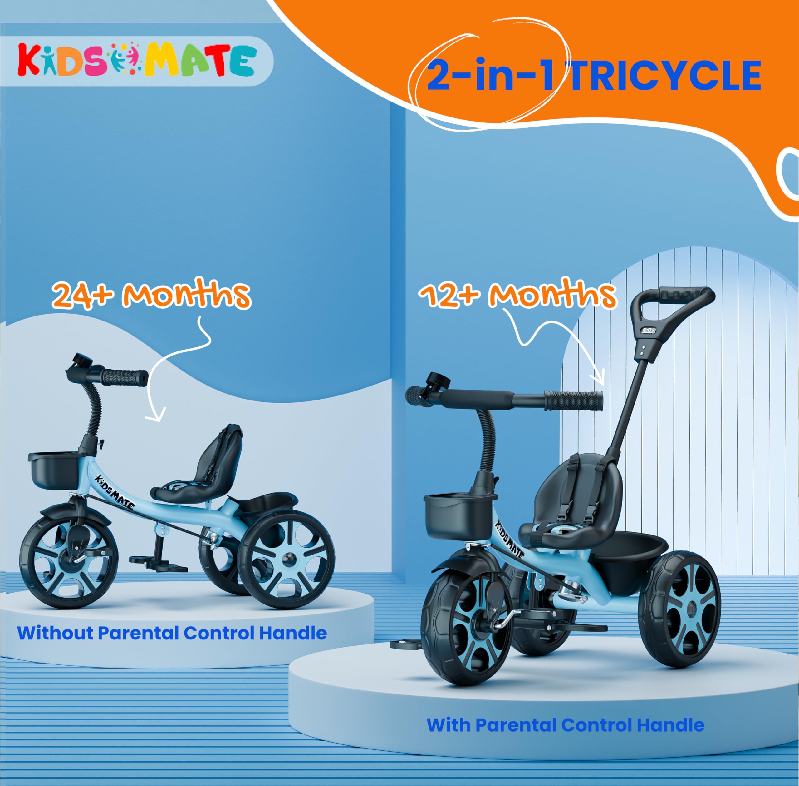 Kidsmate Junior Tricycle for Kids with Parental Control | Cycle for Kids 1-4 Years | Baby Cycle | Bicycle with Storage Basket, Cushion Seat and Seat Belt Carrying Capacity 30 Kgs (Blue) image 3