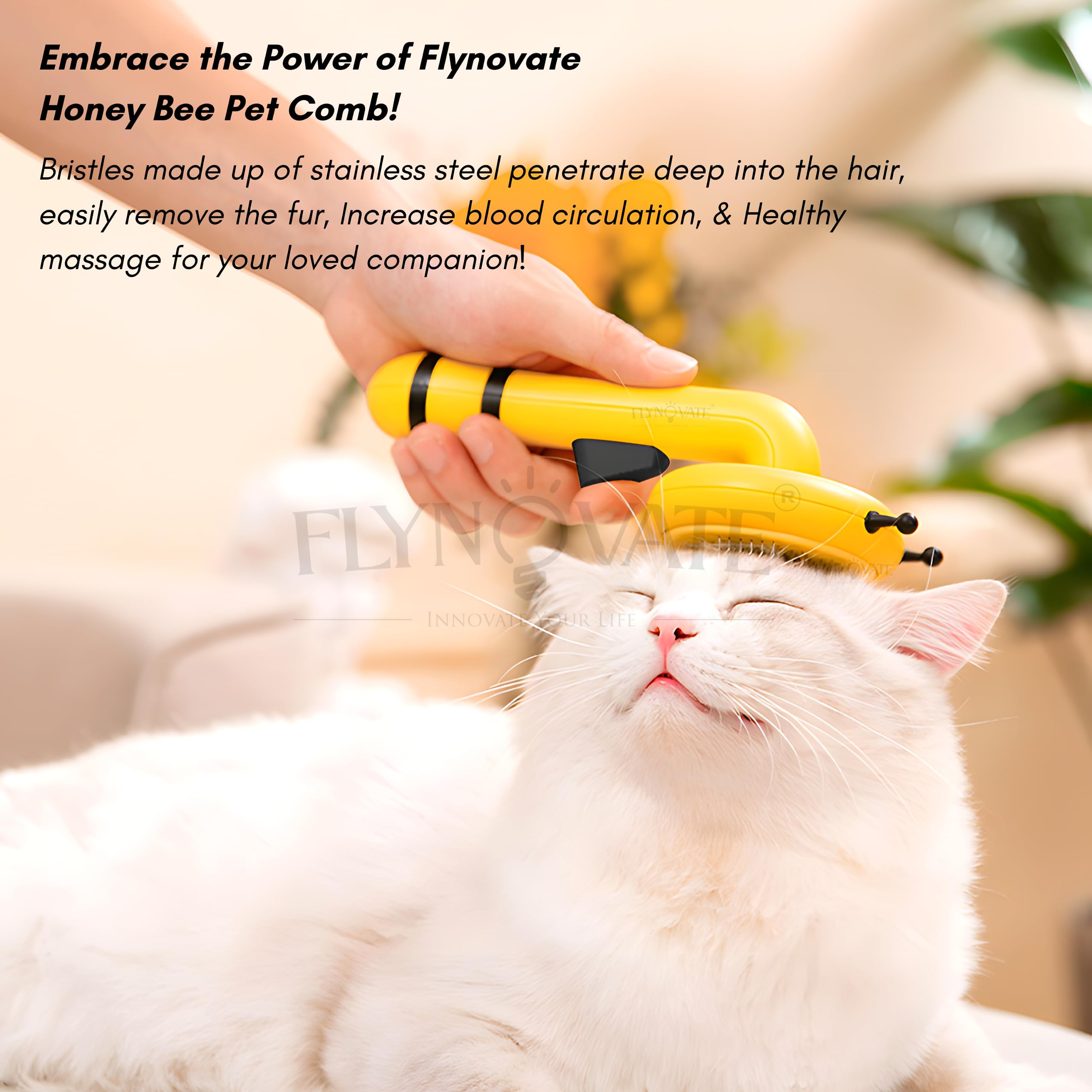 Flynovate Honey Bee Dog Comb & Cat Comb - Pet Hair Remover Grooming Brush with Switch & PAIN - FREE Slickers | Dog Brush/Cat Brush for all Dogs & Cats to Gently Massage the Pets for Long & Short Fur image 2