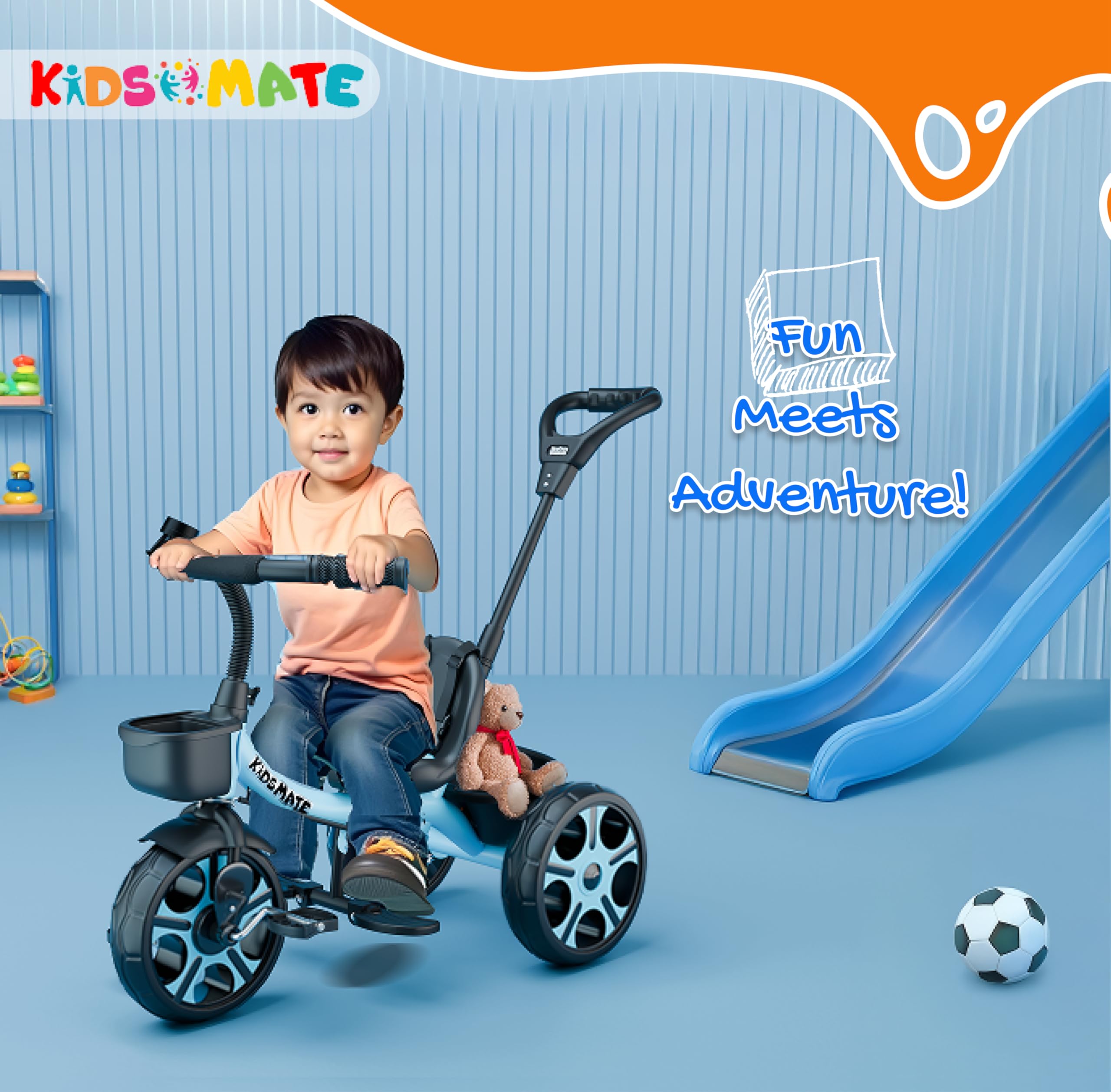 Kidsmate Junior Tricycle for Kids with Parental Control | Cycle for Kids 1-4 Years | Baby Cycle | Bicycle with Storage Basket, Cushion Seat and Seat Belt Carrying Capacity 30 Kgs (Blue) image 5