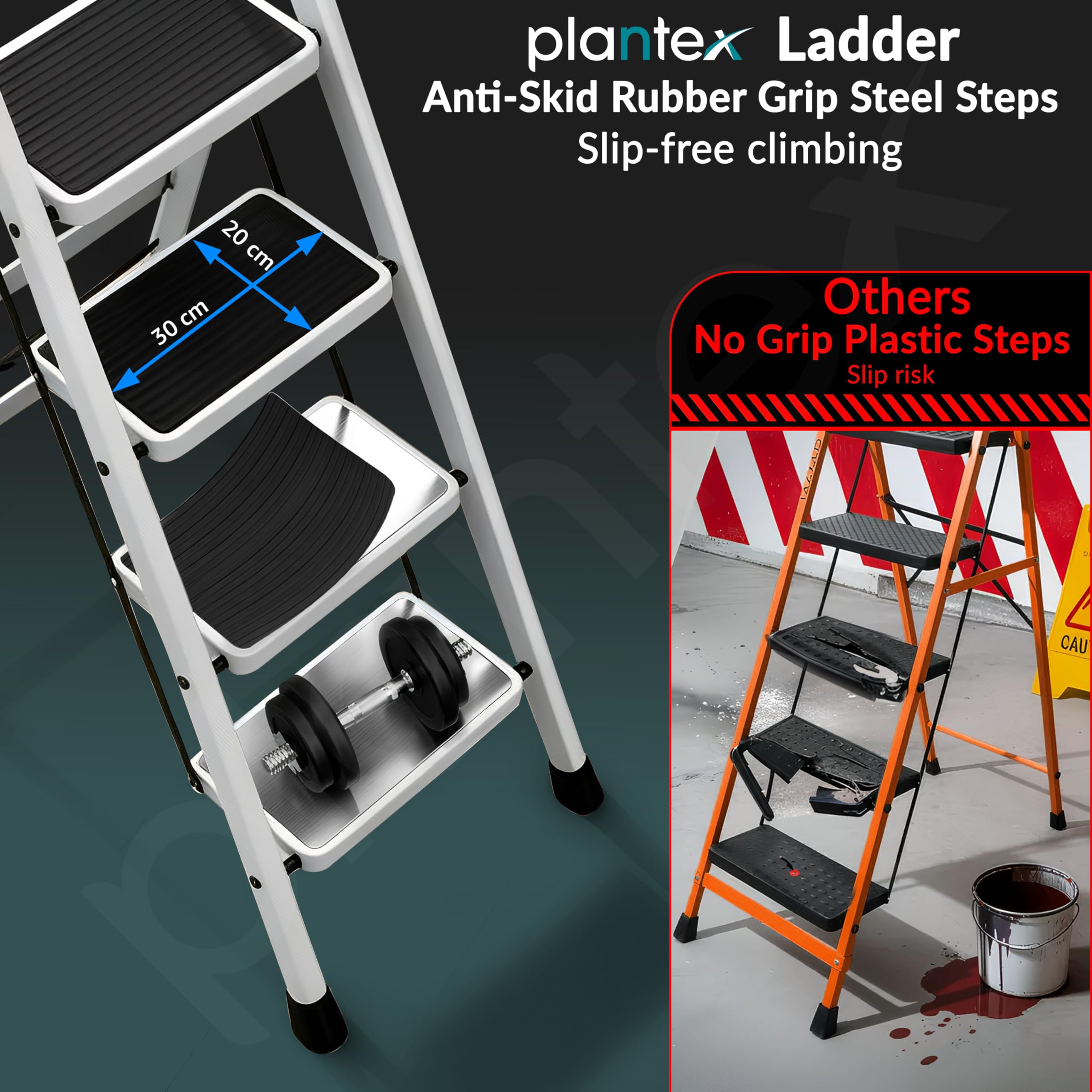 Plantex Ladder for Home 5 Steps/Foldable Ladder with Anti-Skid Wide Steps (30L x 20W cm)/Strong D-Shape Pipe with X-Support for More Stability/5 Year Warranty(Apex-White) image 5