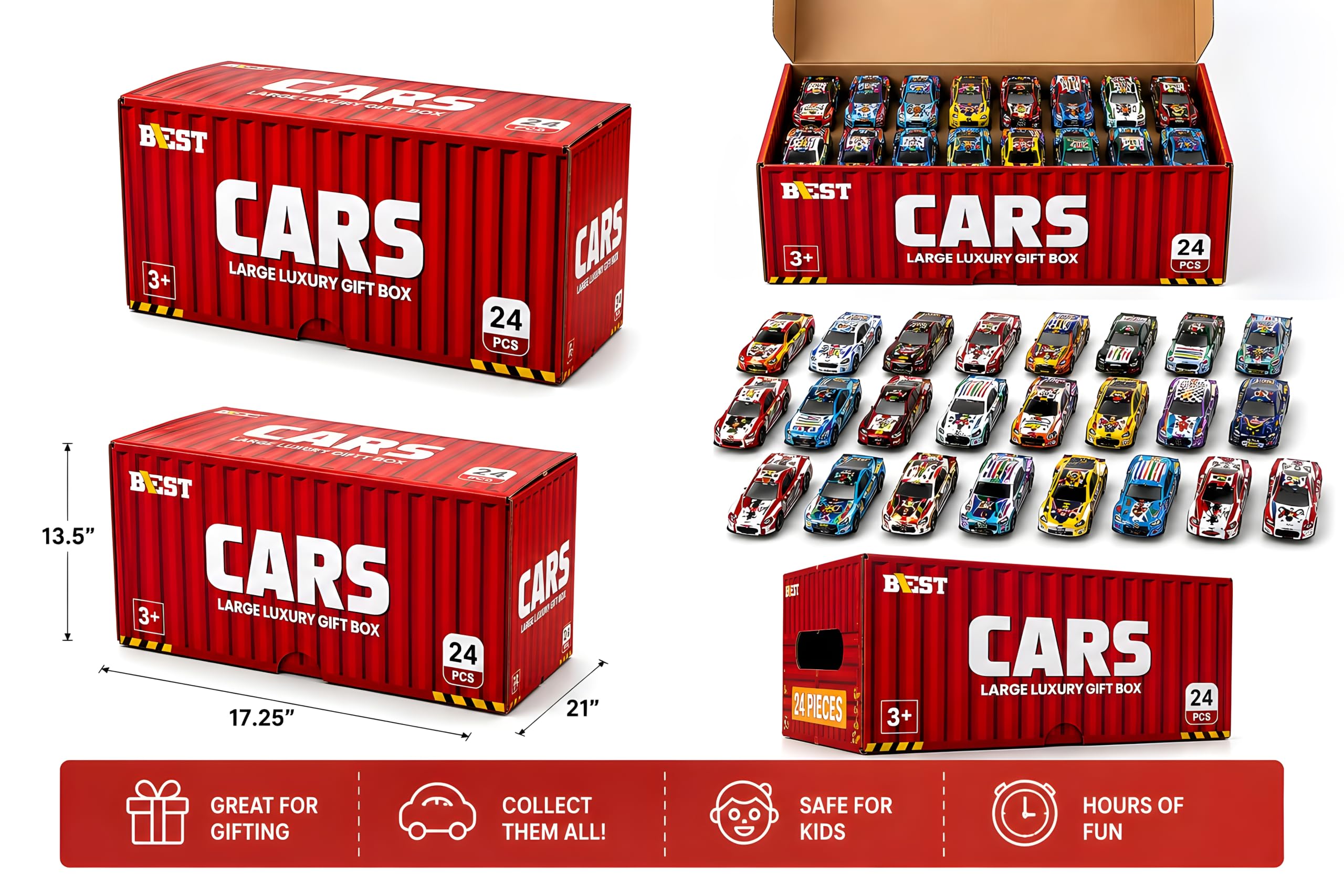 Cable World 24 Pcs Die-Cast Metal Toy Cars for Kids with Car Storage Container & Thick Paper Parking Play Board, Pull Back Racing Cars, Large Luxury Gift Box, Toy Car Set for Kids image 3