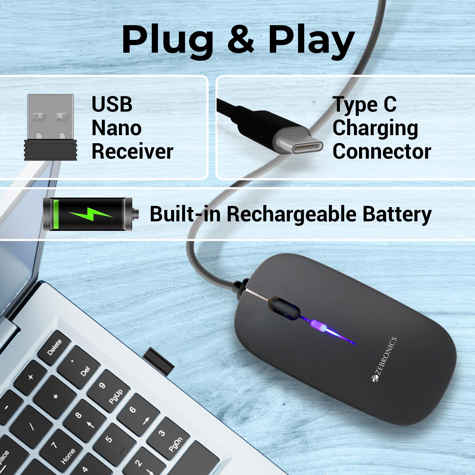 ZEBRONICS Blanc Slim Wireless Mouse with Rechargeable Battery, BT + 2.4GHz, 4 Buttons, 800/1200/1600 DPI, Silent Operation, Multicolor LED Lights image 5
