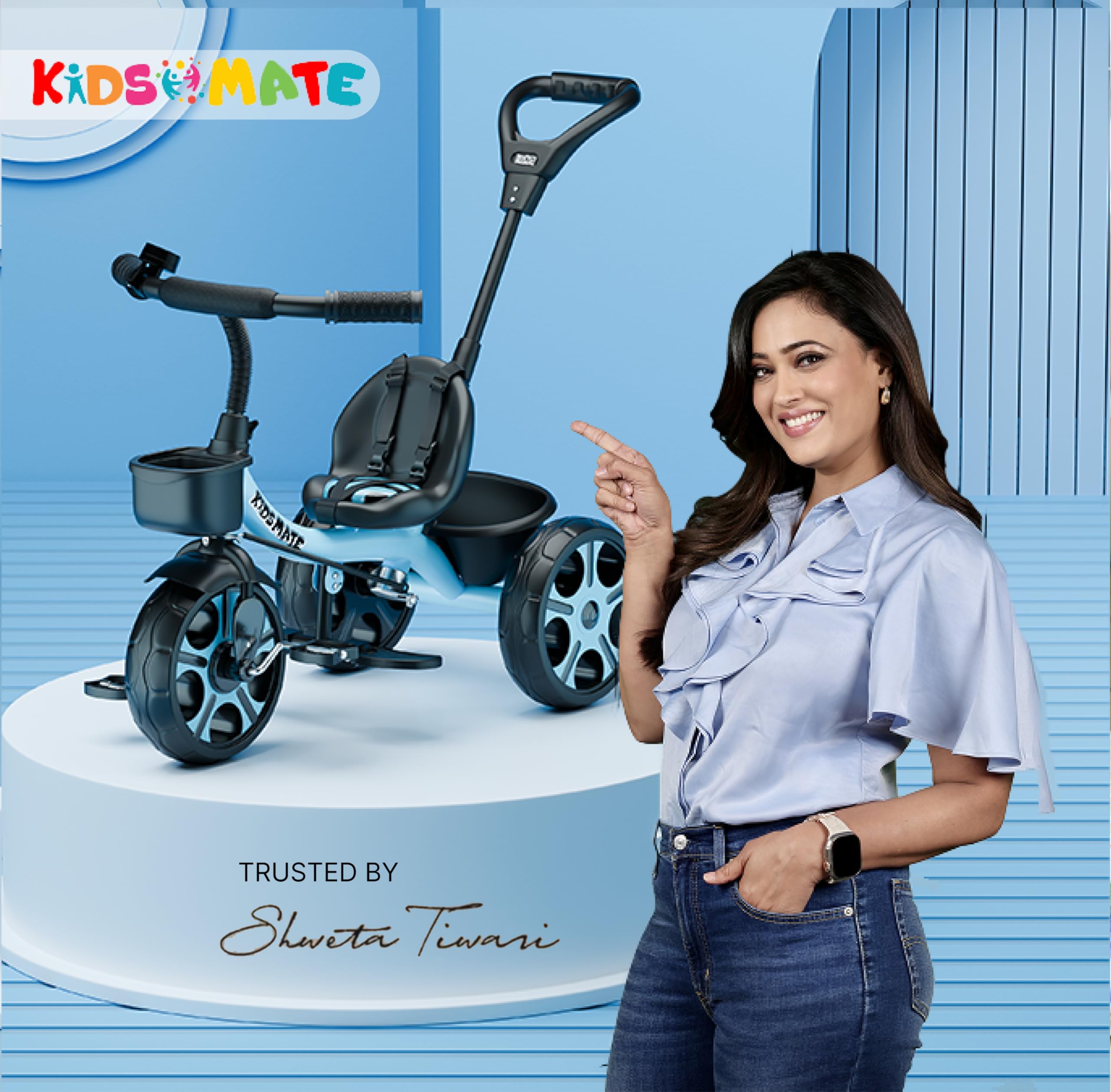 Kidsmate Junior Tricycle for Kids with Parental Control | Cycle for Kids 1-4 Years | Baby Cycle | Bicycle with Storage Basket, Cushion Seat and Seat Belt Carrying Capacity 30 Kgs (Blue) image 2