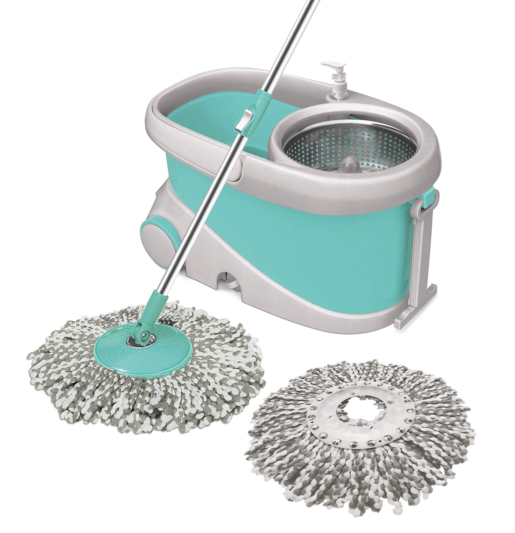 Spotzero by Milton Prime Stainless Steel Wringer Spin Mop with Big Wheel, Puller Handle, Bucket Floor Cleaning and Mopping System 360° Flexible,2 Microfiber Refills, Big Size, Aqua Green image 4