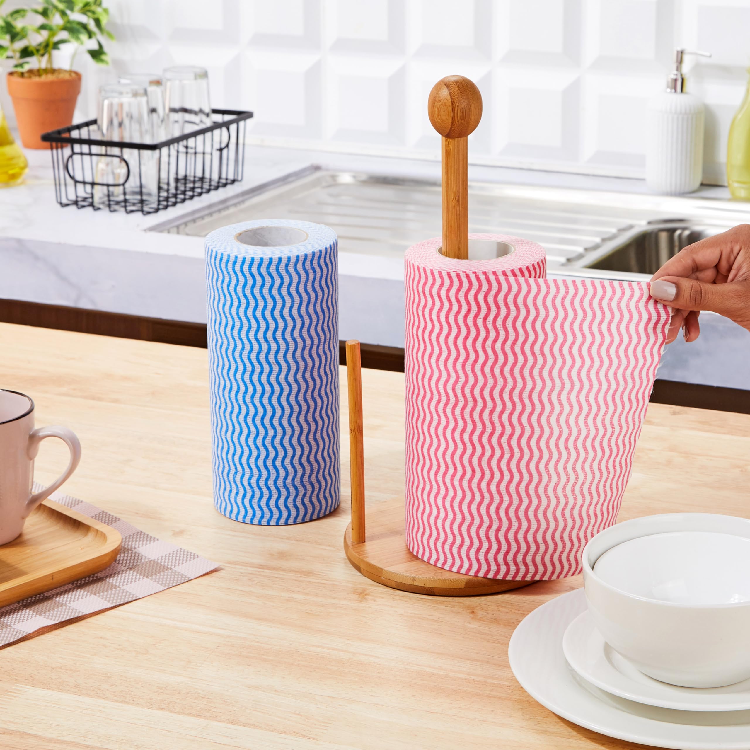 Amazon Brand - Presto! Non-Woven Kitchen Towel Roll | 80 Pulls (Pack of 2) | Size: 23 x 21 cm | Wavy Pattern (Red & Blue) | Washable and Reusable | Highly Absorbent | For Daily Use image 5