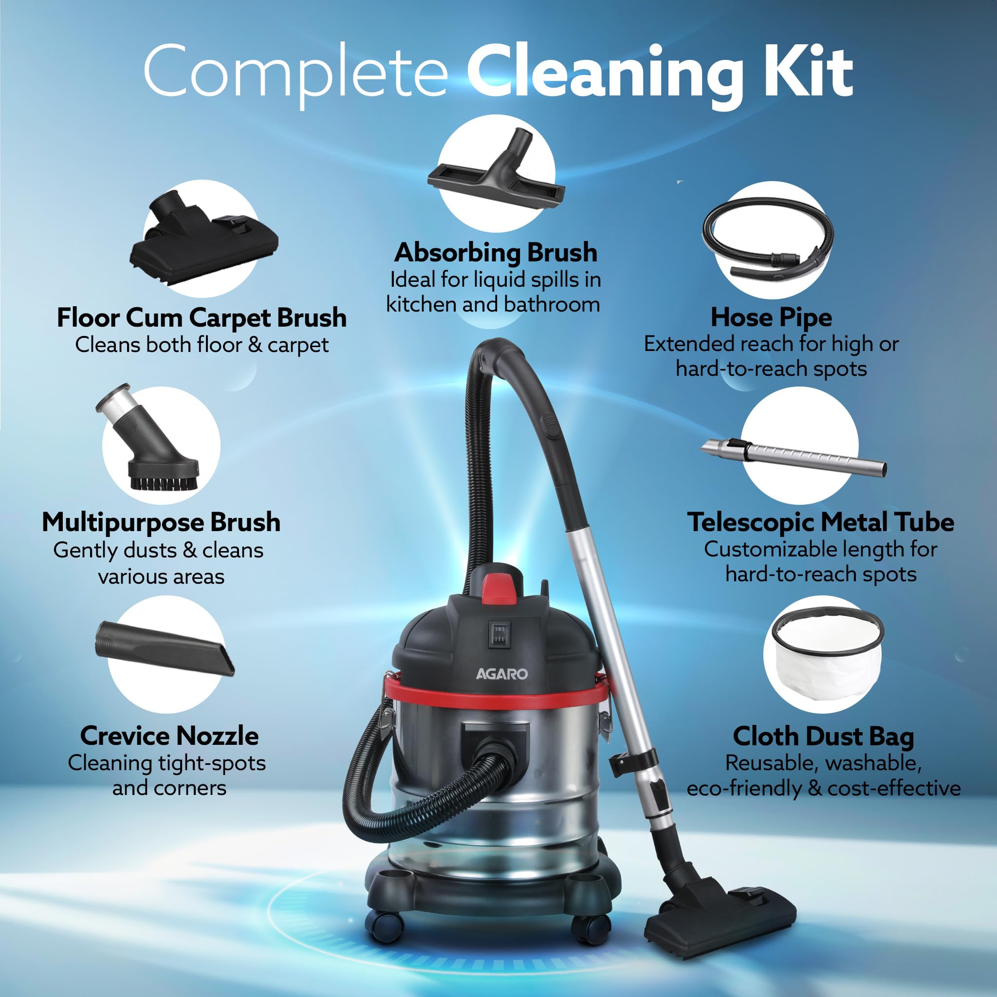 AGARO Ace Wet & Dry Vacuum Cleaner for Home, 1600 Watts, 21.5 kPa Suction Power, 21 litres Tank Capacity, for Home Use, Blower Function, Washable 3L Dust Bag, Stainless Steel Body (Black, Red, Steel) image 4