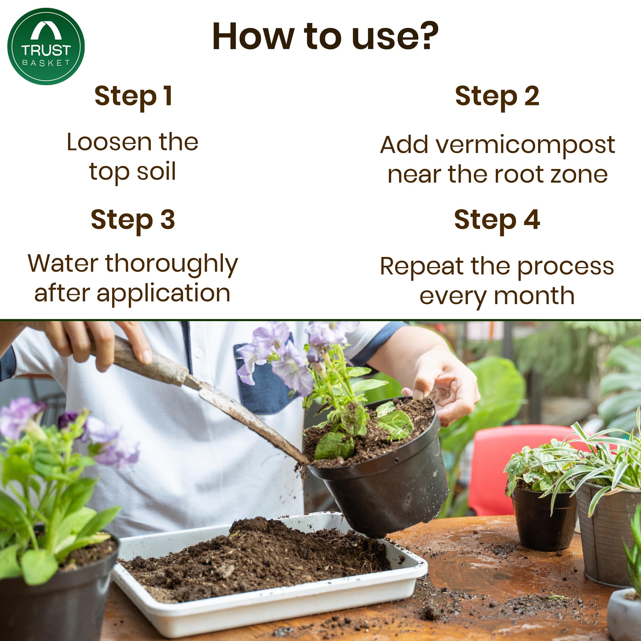 TrustBasket Vermicompost 5kg 100% Natural Organic Fertilizer for Plants | Nutrient-Rich Compost for Home Garden | Improves Plant Health, Water Retention & Soil Quality | Ideal for All Gardening Needs image 4