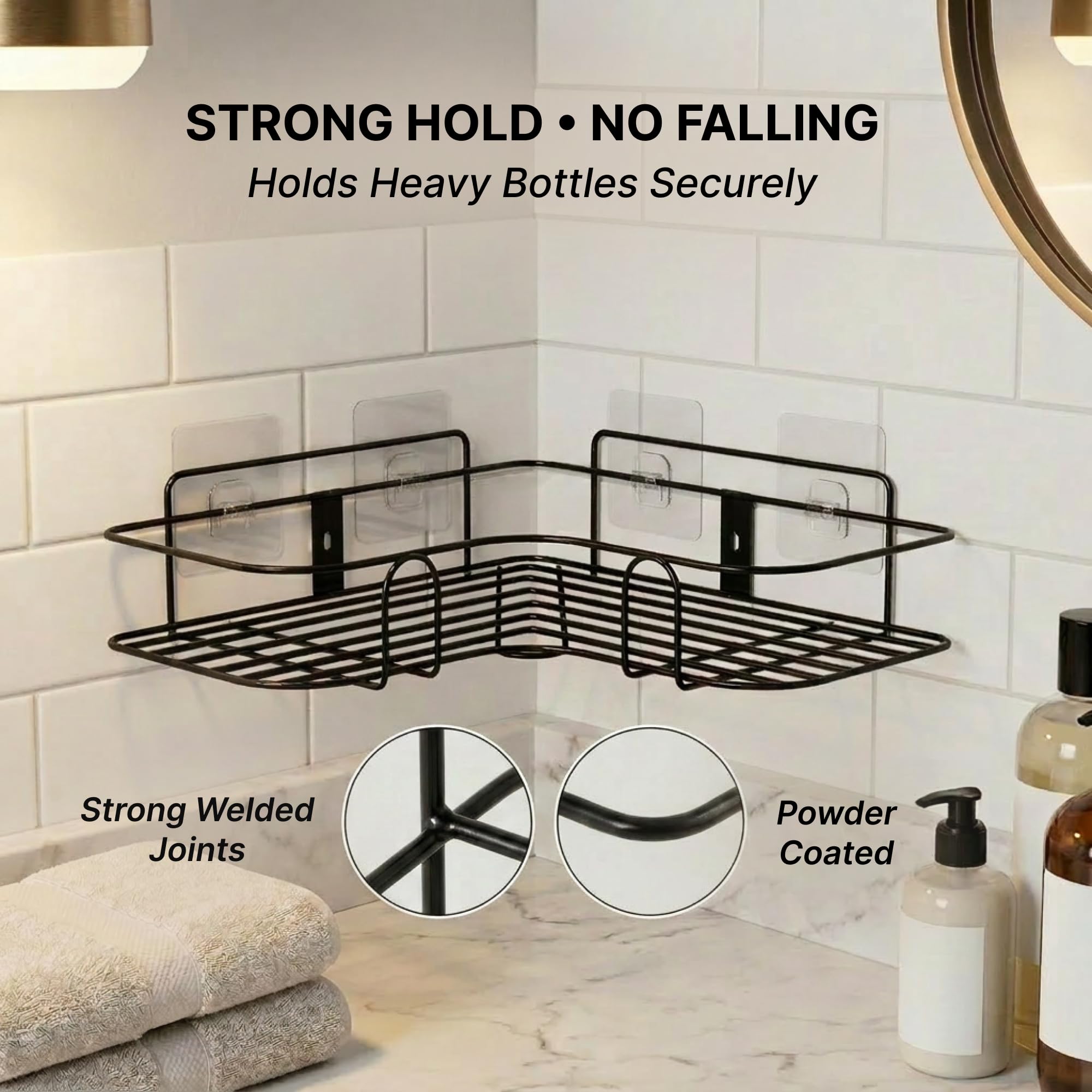 DALUCI Set of 2 Metal Bathroom Corner Shelf Rack | No Drilling Self Adhesive Wall Mounted Storage Organizer for Bathroom & Kitchen | Rustproof Bathroom Shelves (8 & 9 INCH, Black) image 5