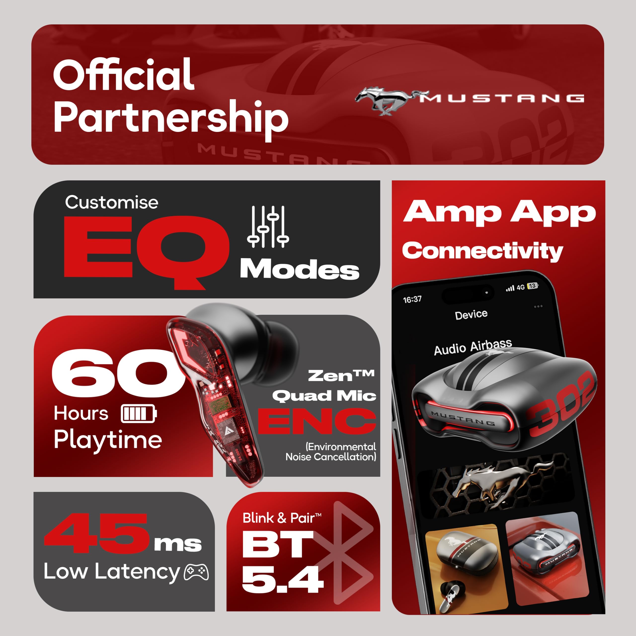 GOBOULT x Mustang Torq Wireless in Ear Earbuds with 60H Playtime, App Support, Quad Mic ENC, 45ms Low Latency, 13mm Driver, Breathing LEDs, Made in India Ear Buds Wireless (Silver) image 2