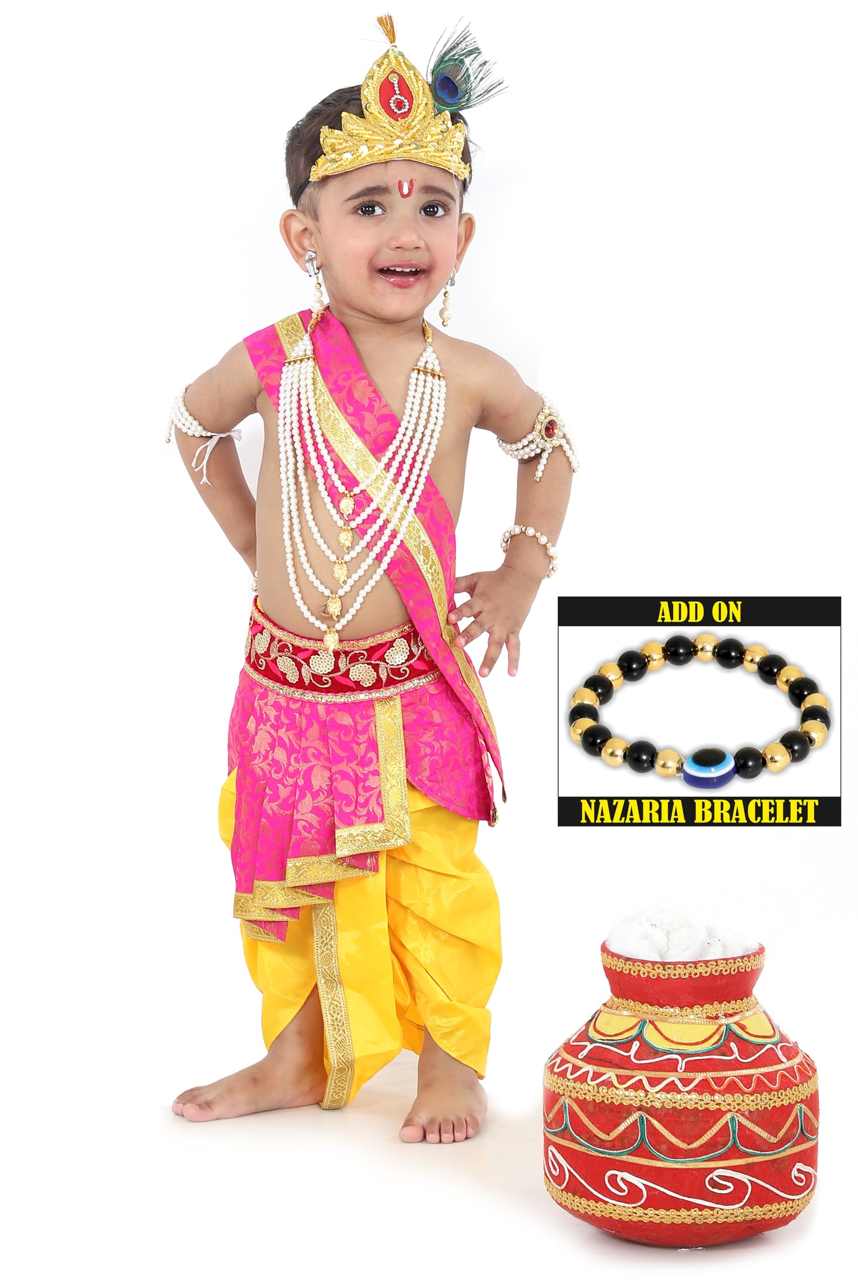 Raj Fancy Dresses Luxury Krishna Pagri for Kids Boys & Girls | Bal Gopal Kanha Janmashtami Turban with 3 Mor Pankh & Pearl Work | Fancy Dress, School Function & Photoshoot Headgear | Only Pagri image 4