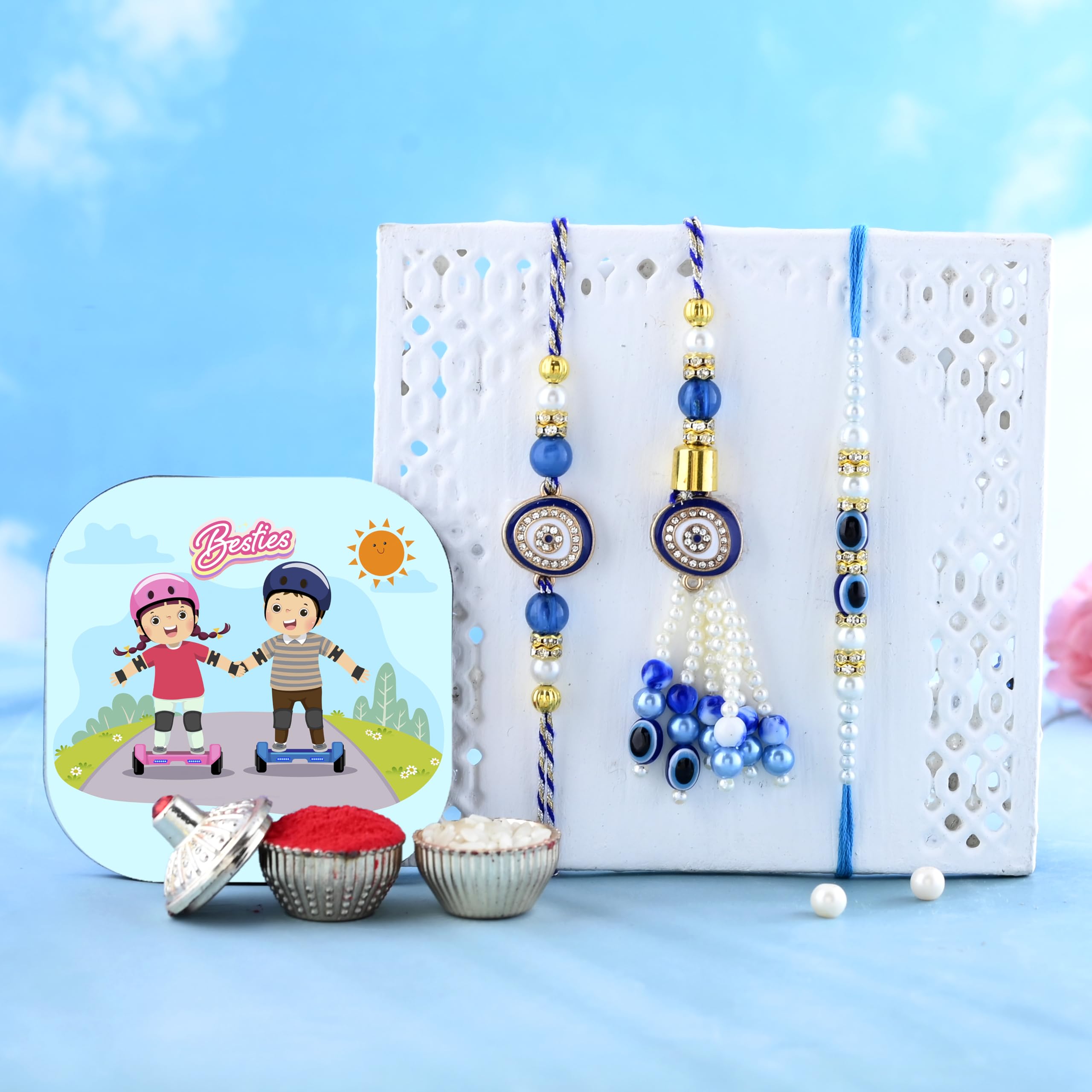 CraftVatika Magnet with Evil Eye Rakhi for Brother Bhabhi Kids, Rakhi Set of 3 for Bhaiya Bhabhi Kids, Rakhi for Men Women, Evil Eye Lumba, Rakhi with Magnet Gift, Fridge Magnet for Fridge Door Decor image 3