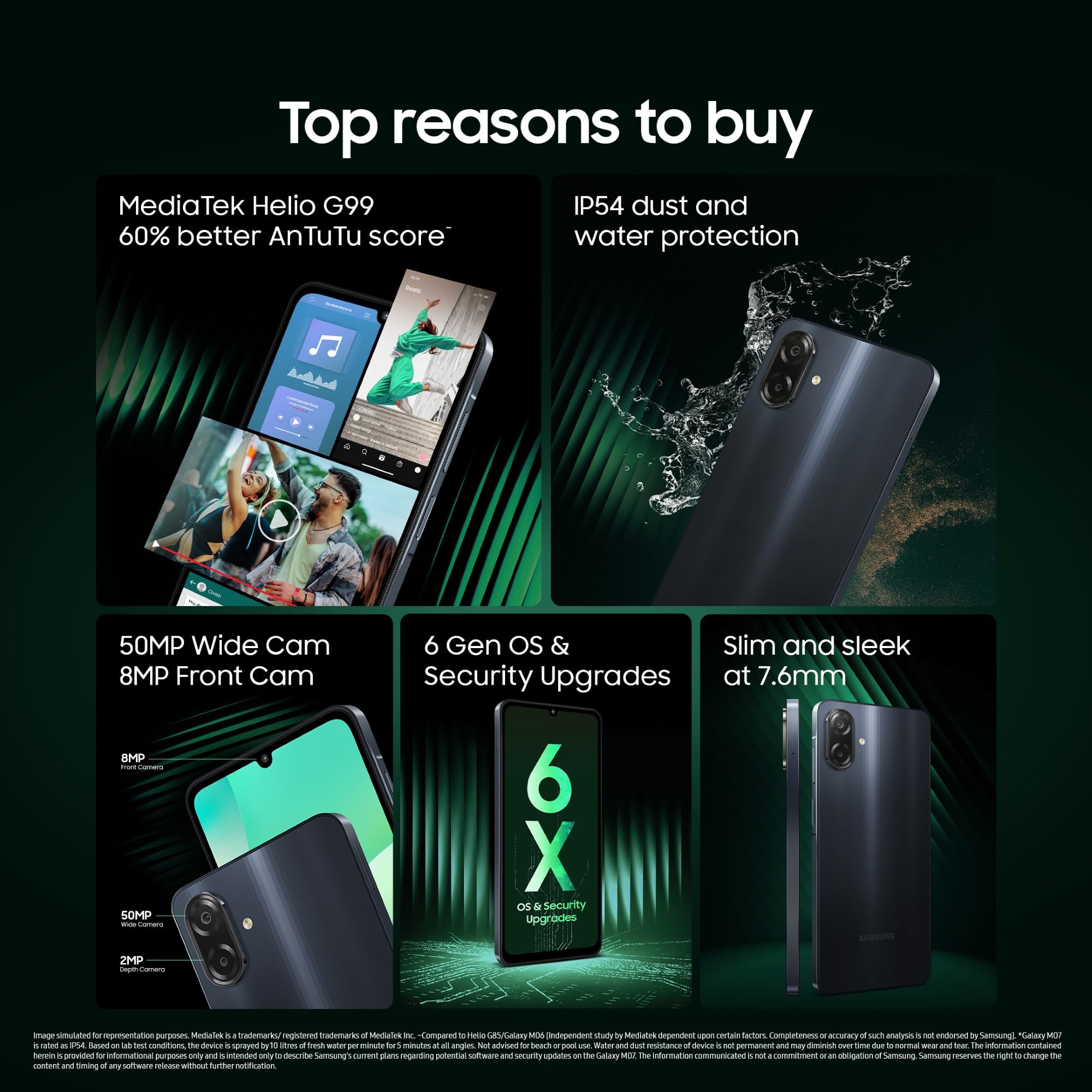 Samsung Galaxy M07 Mobile (Black, 4GB RAM, 64GB Storage) | MediaTek Helio G99 | AnTuTu 624K | IP54| 50MP Camera | 7.6mm Slim | 5000mAh Battery | 25W Fast Charging | 6 Gen OS Upgrades | Without Charger image 2