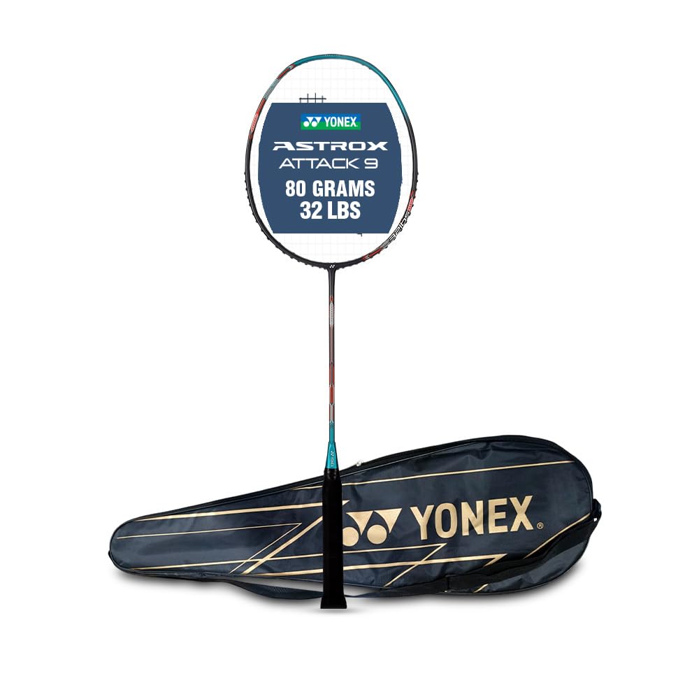 Yonex Astrox Attack 9 Ultra Strong Japan Made Graphite Strung Badminton Racquet with Full Cover (80 Grams - 32 Lbs Tension, Turquoise Green)