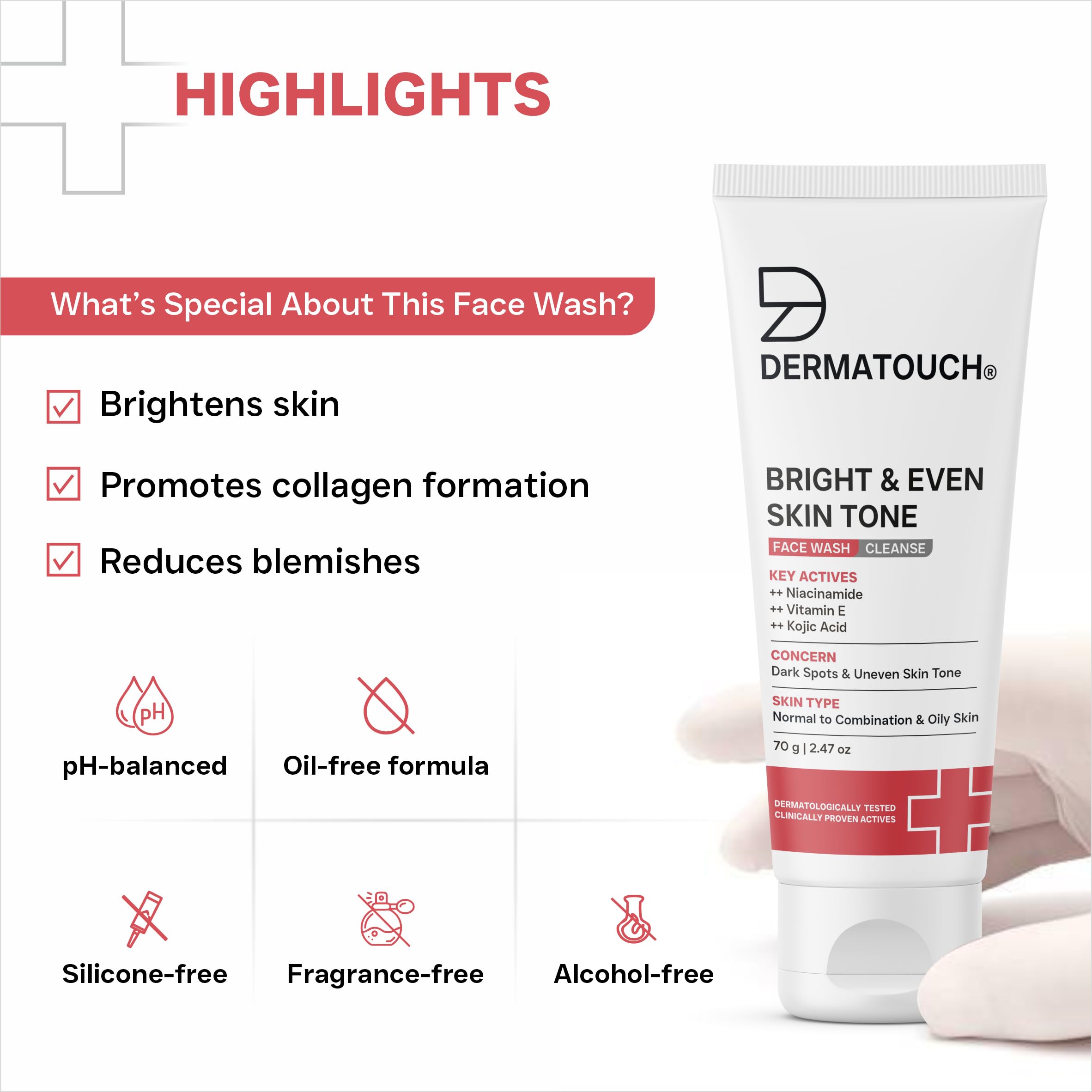 DERMATOUCH Bright & Even Tone Face Wash with Niacinamide, Vitamin E and Kojic Acid | For Tan, Pigmentation Dark Spots & Uneven Skin Tone | Oil Control | Dermatologist Tested | For Men & Women | 70g image 5