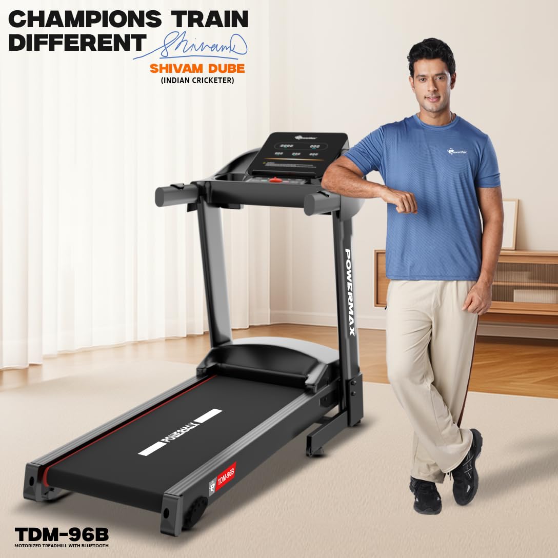 PowerMax Fitness TDM-96B 4HP DC Treadmill for Home | 110KG Max User Running Machine | 14km/hr Top Speed, 4-Level Manual Incline | Bluetooth for app, Speaker, Mp3 | Foldable Cardio Machine, LED Display image 2