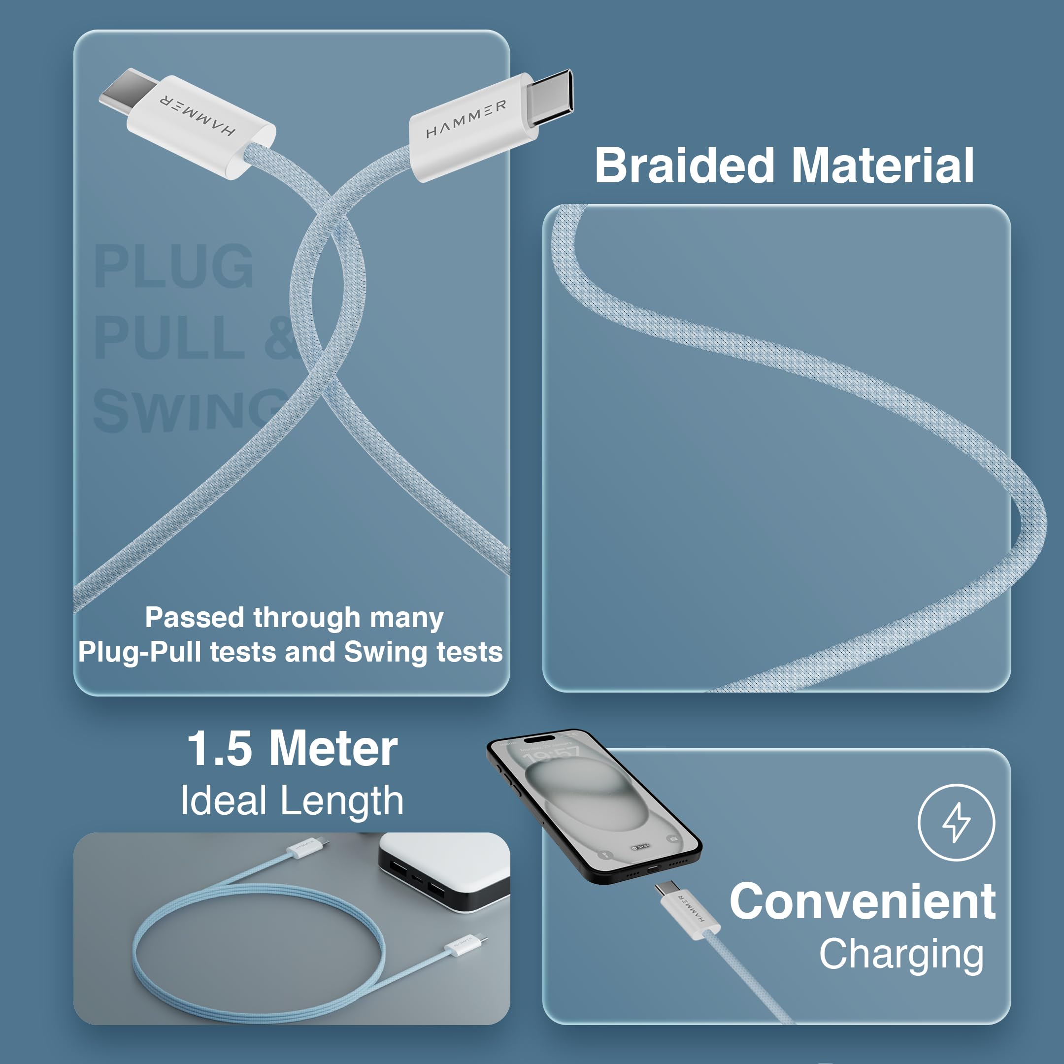 HAMMER Type C to Type C Cable 65W Braided, PD Fast Charging, Data Sync, 1.5 Meter Tangle Free Wire, Compatible with all C-Type Enabled Devices (Blue) image 3