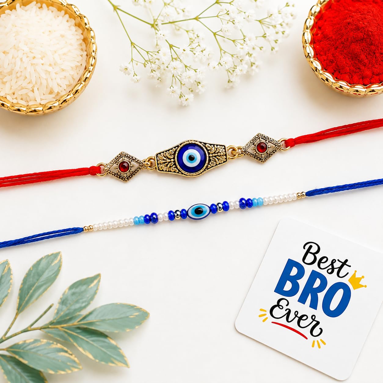 eCraftIndia Set of 2 Designer Evil Eye Rakhis for Brothers with Best Bro Ever Fridge Magnet | Roli Chawal Pack