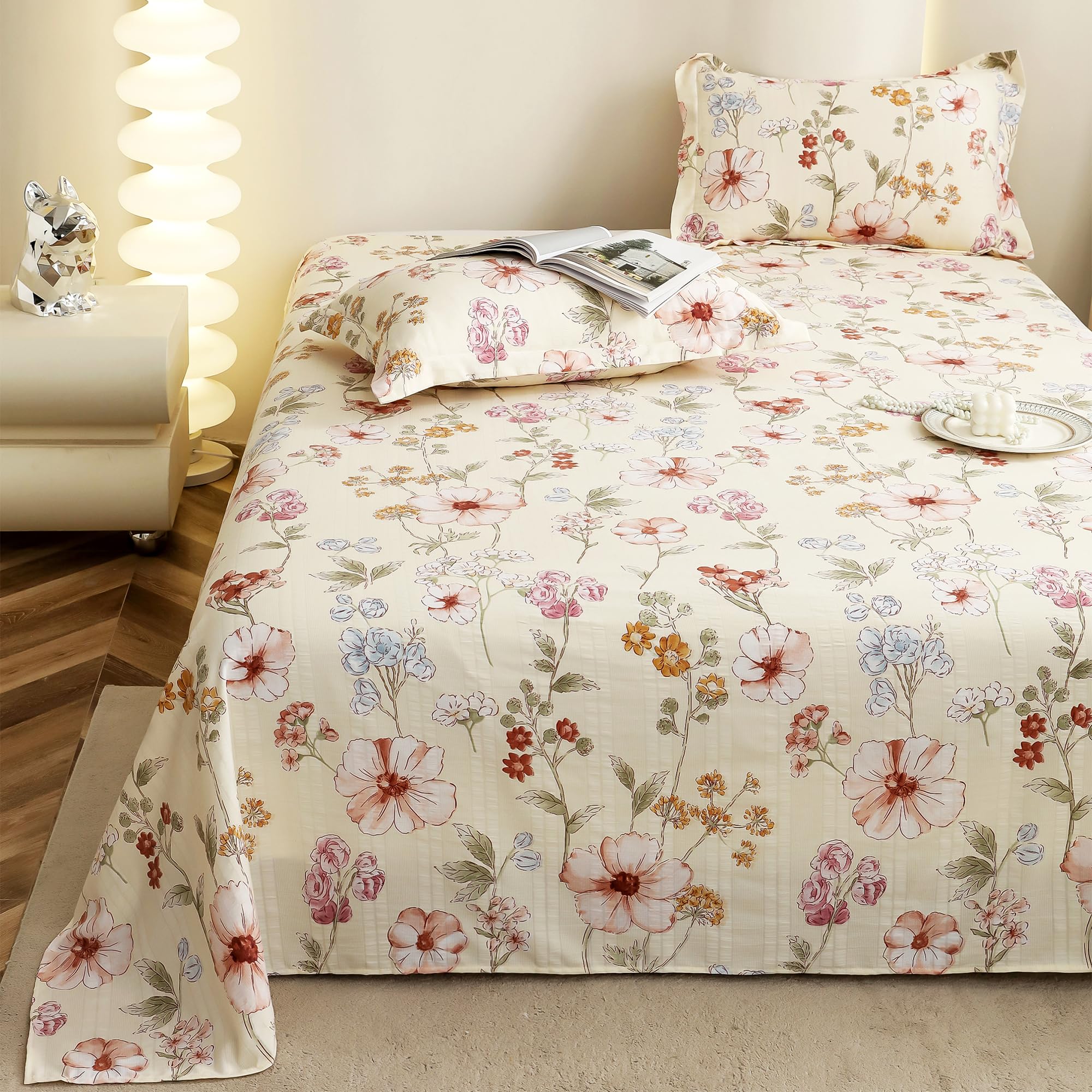 Story@Home King Size Bedsheet | Cloud Cotton Flatsheet King Size with Two Pillow Covers| Super Soft Bed Sheet for King Size Bed | Floral Design (270 x 250 cm, Off White & Red) image 3