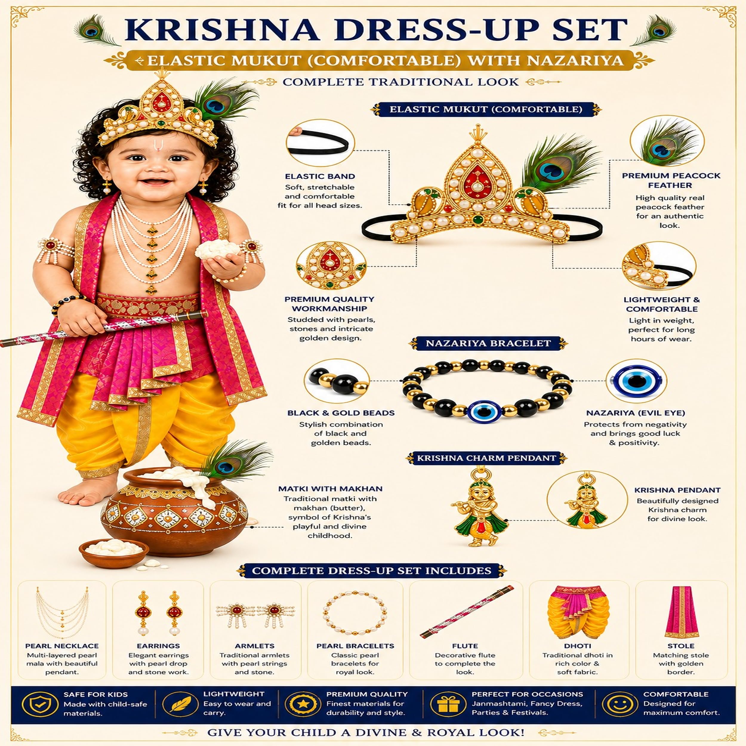 Raj Fancy Dresses Luxury Krishna Pagri for Kids Boys & Girls | Bal Gopal Kanha Janmashtami Turban with 3 Mor Pankh & Pearl Work | Fancy Dress, School Function & Photoshoot Headgear | Only Pagri image 2